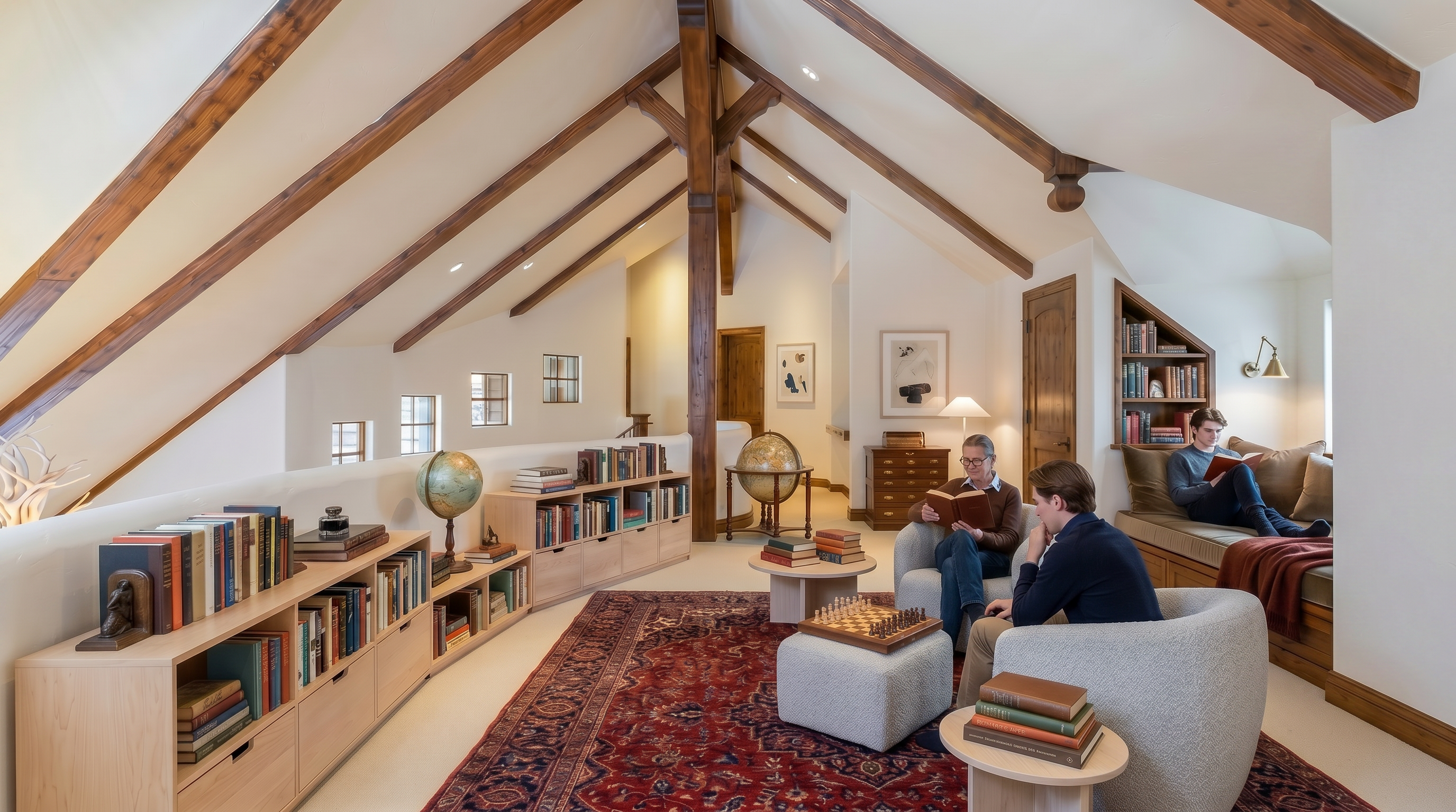 This spacious loft area features a vaulted ceiling with exposed wooden beams and a curved wall overlooking the lower level. The room is furnished with a pool table as the central focus, complemented by a foosball table and a pair of chairs in the background. The space is illuminated by natural light from a series of small windows and a decorative antler chandelier, creating a warm and inviting recreational atmosphere.
