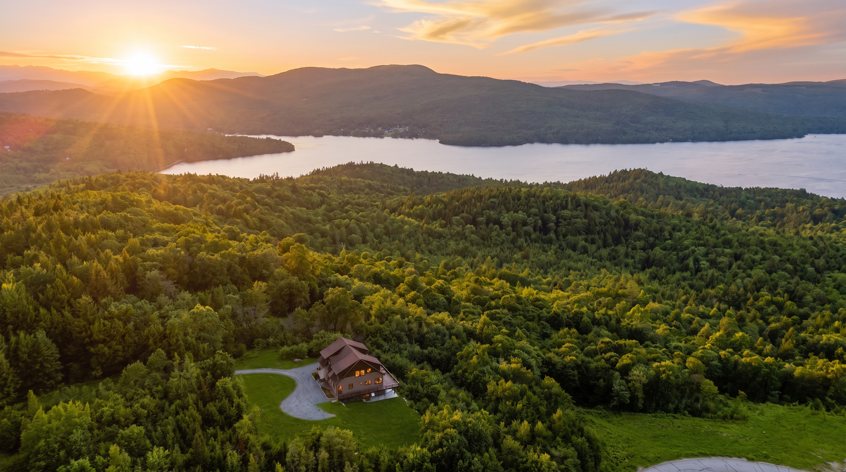 This stunning aerial shot captures a large, multi-level home nestled within an expansive, lush green forest overlooking a serene, wide lake. The property features a spacious lawn, a private driveway, and a picturesque setting that highlights the home's secluded and tranquil positioning. Its elevated perch provides remarkable views of the surrounding mountains and water, making it an ideal retreat for those seeking privacy and natural beauty.