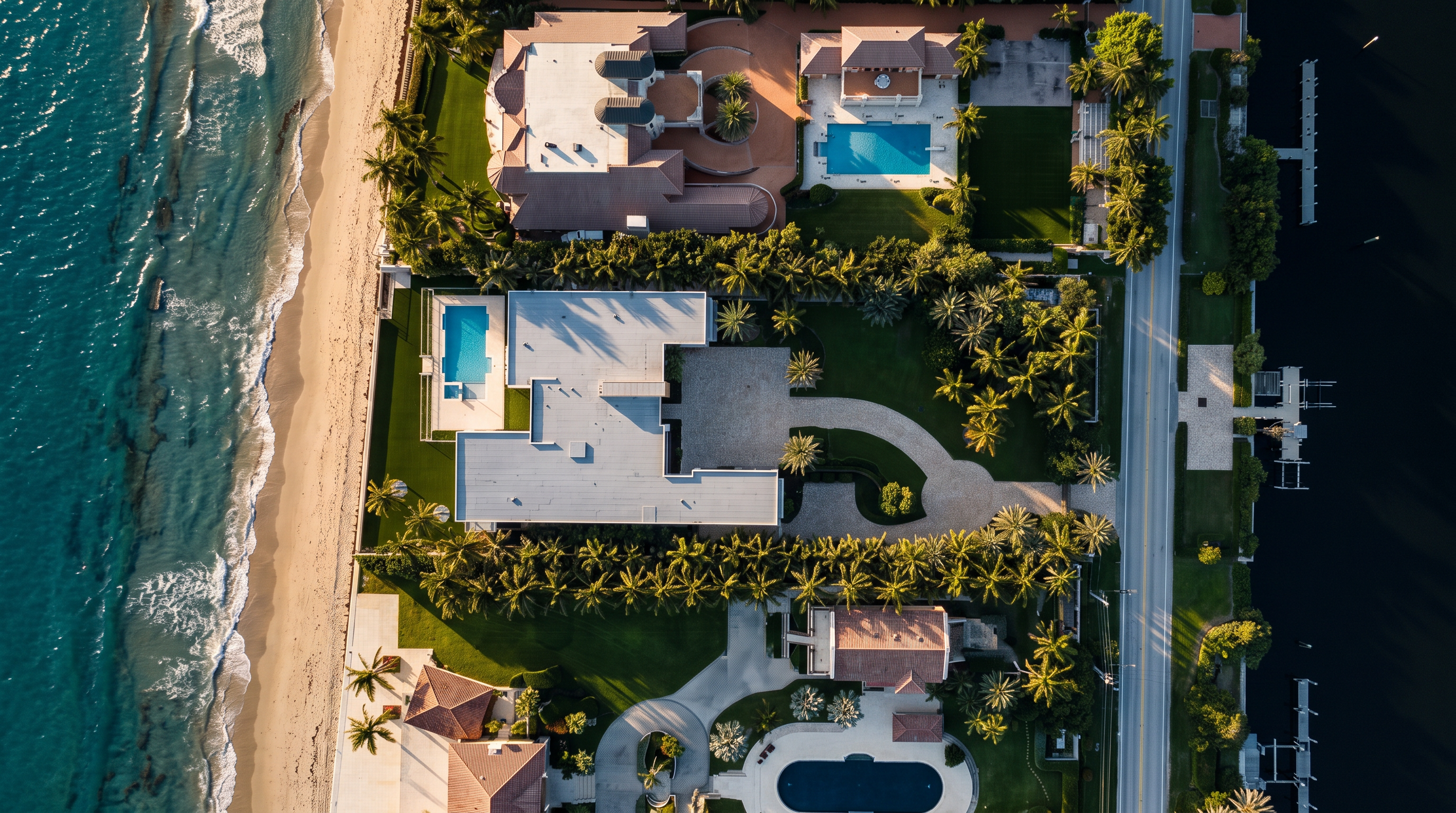 This high-altitude aerial view captures a luxurious coastal estate situated between the ocean and a canal. The property features a large, modern residence with a private swimming pool, expansive green lawns, and lush tropical landscaping. The perspective highlights the prime waterfront location, showcasing the seamless transition from the sandy beach to the manicured grounds and the private dock on the canal side.