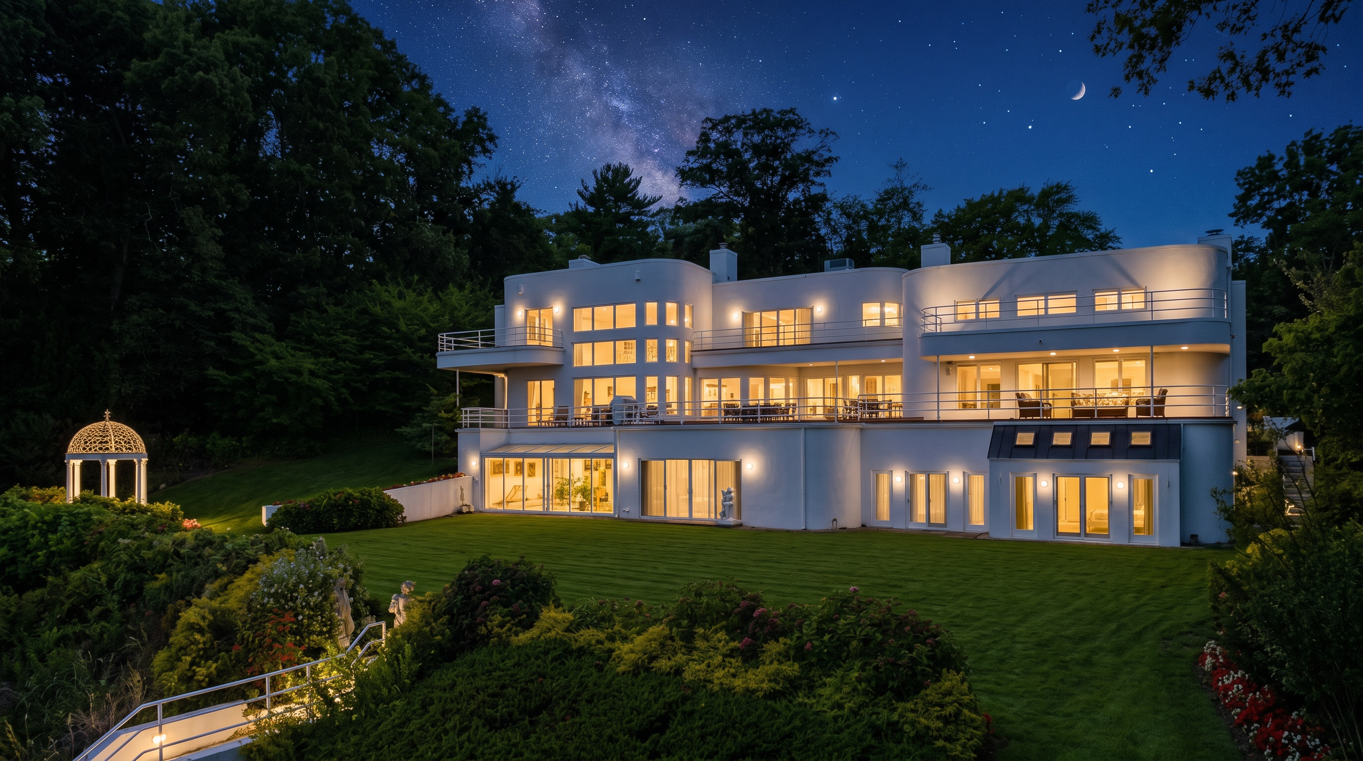 This stunning contemporary residence showcases a sophisticated architectural style with expansive balconies, large windows, and a multi-level layout that overlooks a manicured lawn. The property is illuminated by warm evening lights and set against a breathtaking night sky featuring the Milky Way, creating an elegant and serene atmosphere. A charming gazebo and tiered landscaping enhance the appeal of this luxurious rear-view backyard retreat.