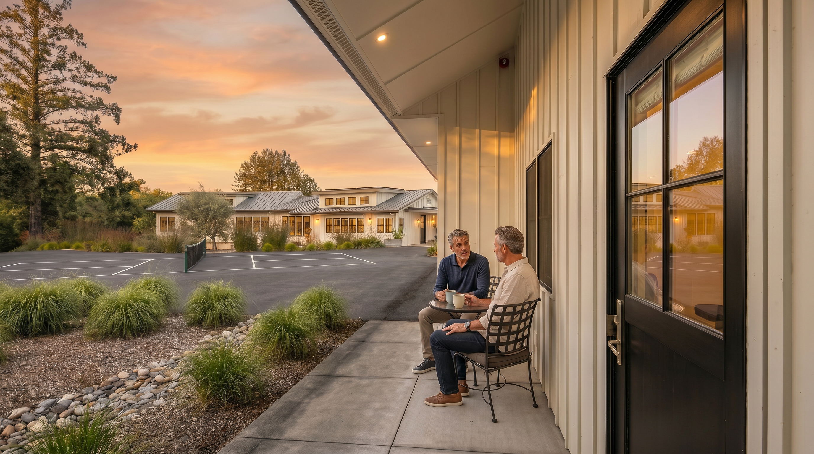 This outdoor patio space overlooks a recreational area, featuring a clean, modern aesthetic with board-and-batten siding and a covered seating area. The space includes a comfortable bistro set positioned next to a dark-framed entry door, providing a peaceful spot to enjoy views of the paved court and carefully landscaped perimeter. The bright, open design emphasizes a functional transition between indoor comfort and outdoor leisure.
