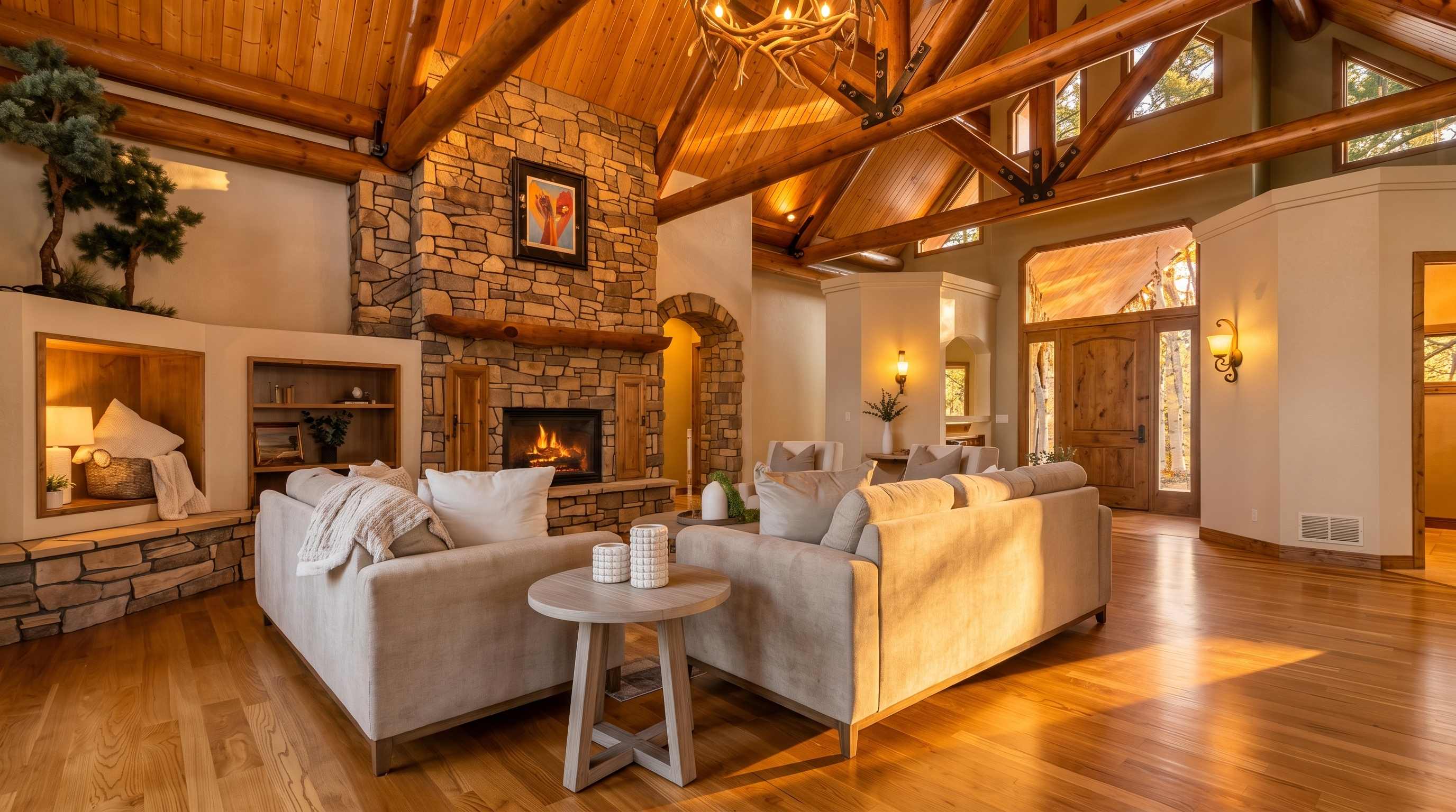 This spacious living room features a vaulted ceiling with exposed timber beams and a prominent stone-clad chimney breast housing a fireplace. The room is furnished with two plush, light-colored sofas arranged around a central coffee table, complemented by a small round side table in the foreground. Large windows and a wooden front door allow natural light to fill the space, highlighting the warm wood flooring and the rustic, lodge-inspired aesthetic.