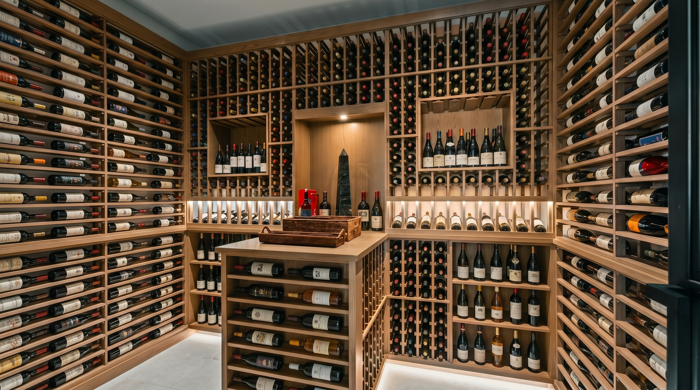 This sophisticated wine cellar features extensive custom light wood shelving designed for both bottle storage and display. A central island provides a convenient surface for decanting or serving, while integrated lighting highlights the collection and architectural details. The space is finished with light-toned flooring, creating a clean and organized environment for wine enthusiasts.
