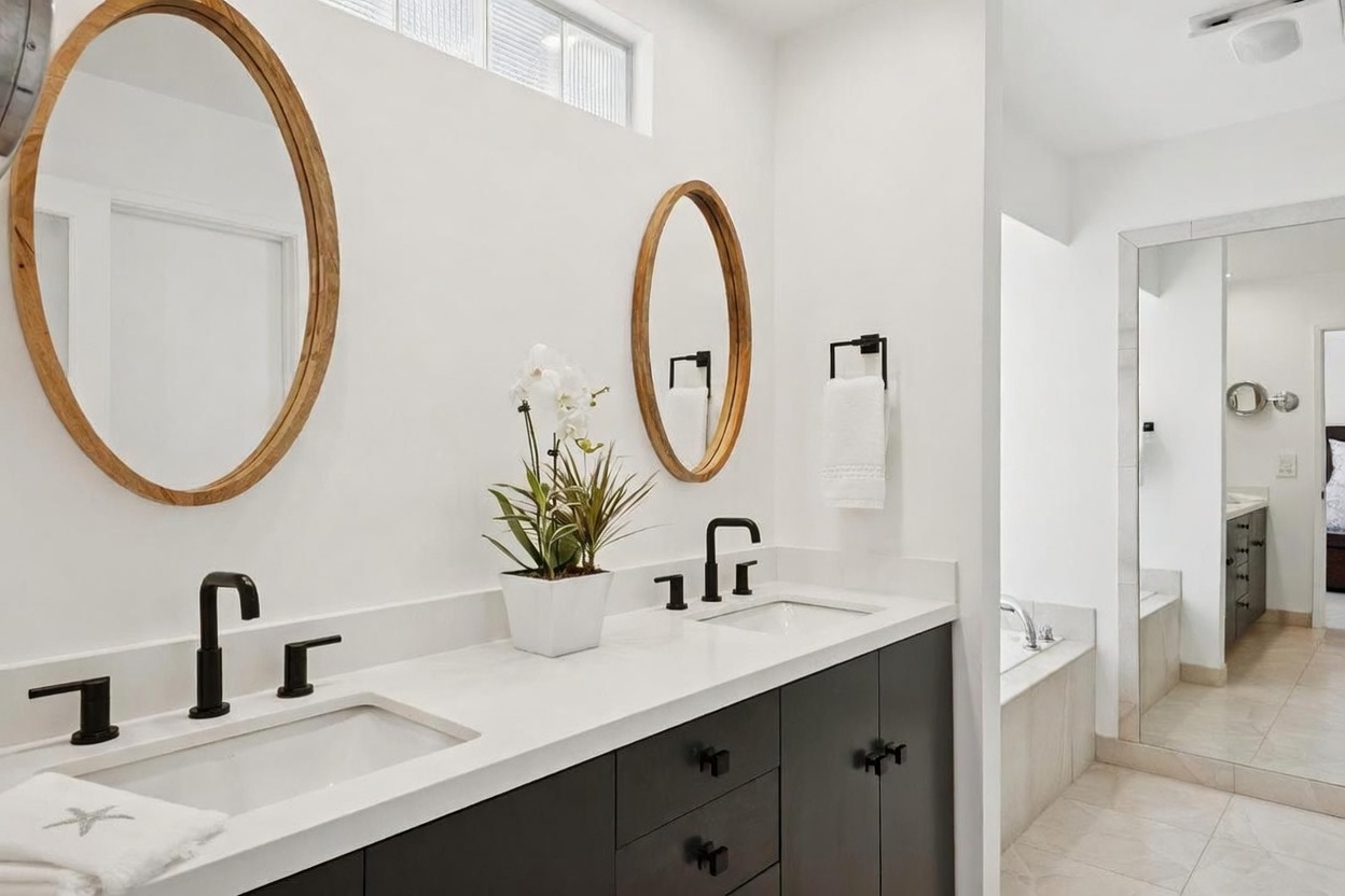 This bright and modern primary bathroom features a dual-vanity setup with dark cabinetry, white countertops, and matte black fixtures. Two oval mirrors with light wood frames are mounted above the sinks, while a potted orchid adds a touch of greenery to the center of the counter. The space is illuminated by a high transom window and leads into a tiled area containing a bathtub, visible through a doorway.