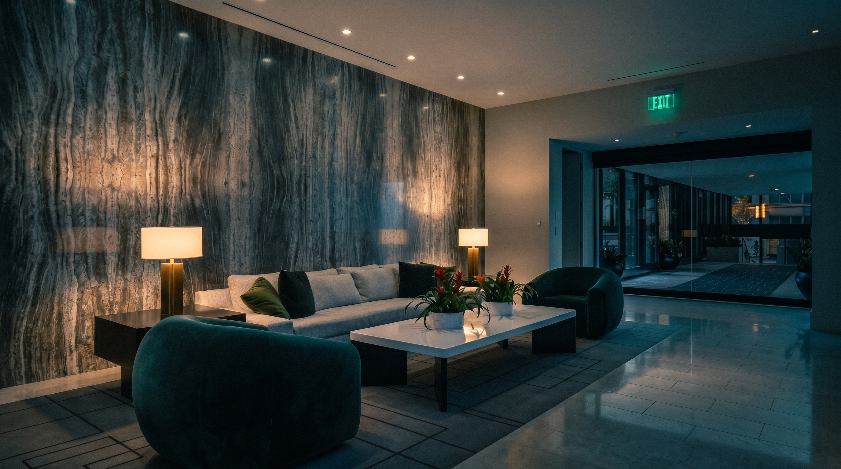 This sophisticated lobby or lounge area features a striking, textured stone feature wall that serves as a dramatic backdrop for the seating arrangement. The space is furnished with a long, light-toned sofa, two plush dark green armchairs, and a sleek white coffee table adorned with potted plants. A large glass opening leads to an outdoor walkway, creating a seamless transition between the refined interior and the exterior grounds.