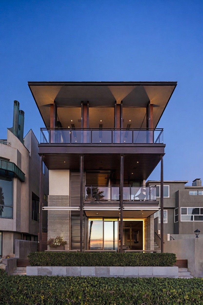 This modern, multi-level coastal residence features a striking architectural design with clean lines and a prominent flat roofline. The structure incorporates expansive glass walls, dark metal framing, and tiered balconies that overlook a manicured hedge and the horizon. The twilight lighting highlights the warm interior glow against the cool blue sky, emphasizing the home's sophisticated and contemporary aesthetic.