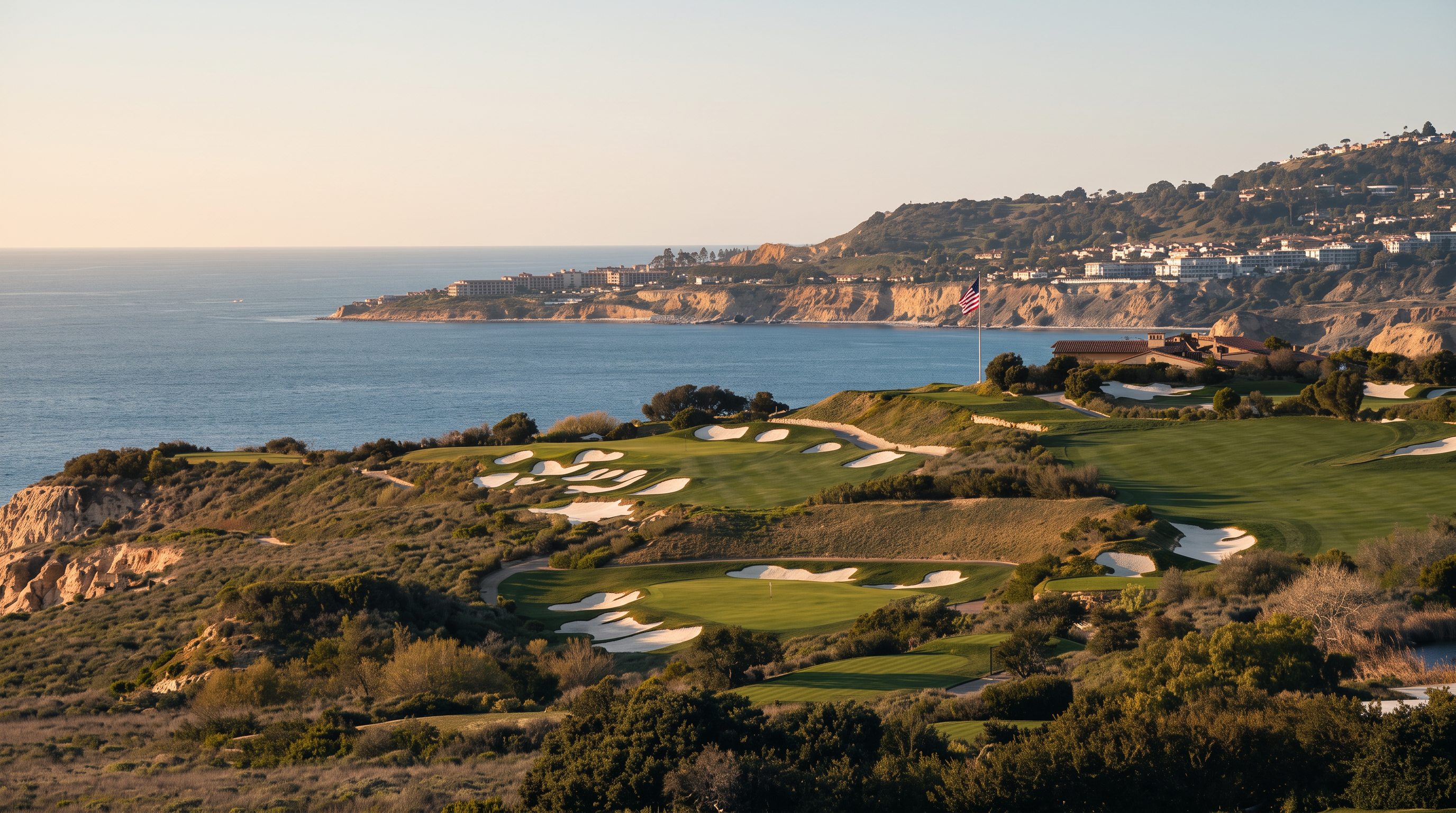 This high-angle aerial view captures a sprawling, manicured golf course set against the dramatic backdrop of the Pacific Ocean and a rugged coastline. The scene features lush green fairways, strategically placed sand bunkers, and native coastal vegetation, all under a clear, bright sky. The perspective emphasizes the expansive, scenic location and the seamless integration of the landscape with the natural coastal environment.