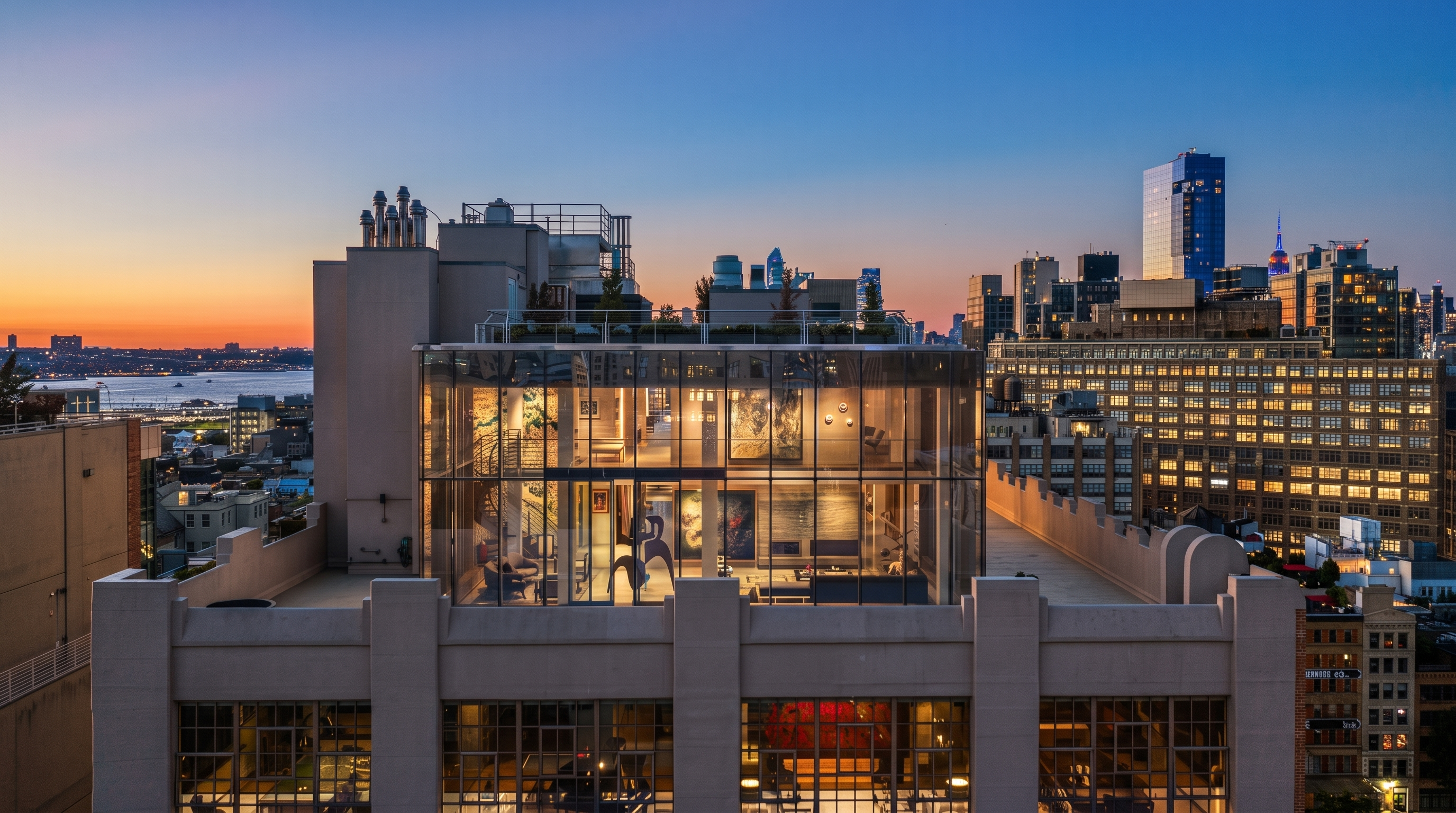 This aerial view captures a sophisticated urban penthouse at dusk, featuring a prominent glass-enclosed living space atop a multi-story building. The structure showcases a blend of industrial-style window grids on the lower levels and a sleek, modern glass addition on the roof, offering panoramic views of the city skyline and the river beyond. The warm interior lighting contrasts beautifully with the cool blue tones of the twilight sky, highlighting the property's luxurious and contemporary architectural design.