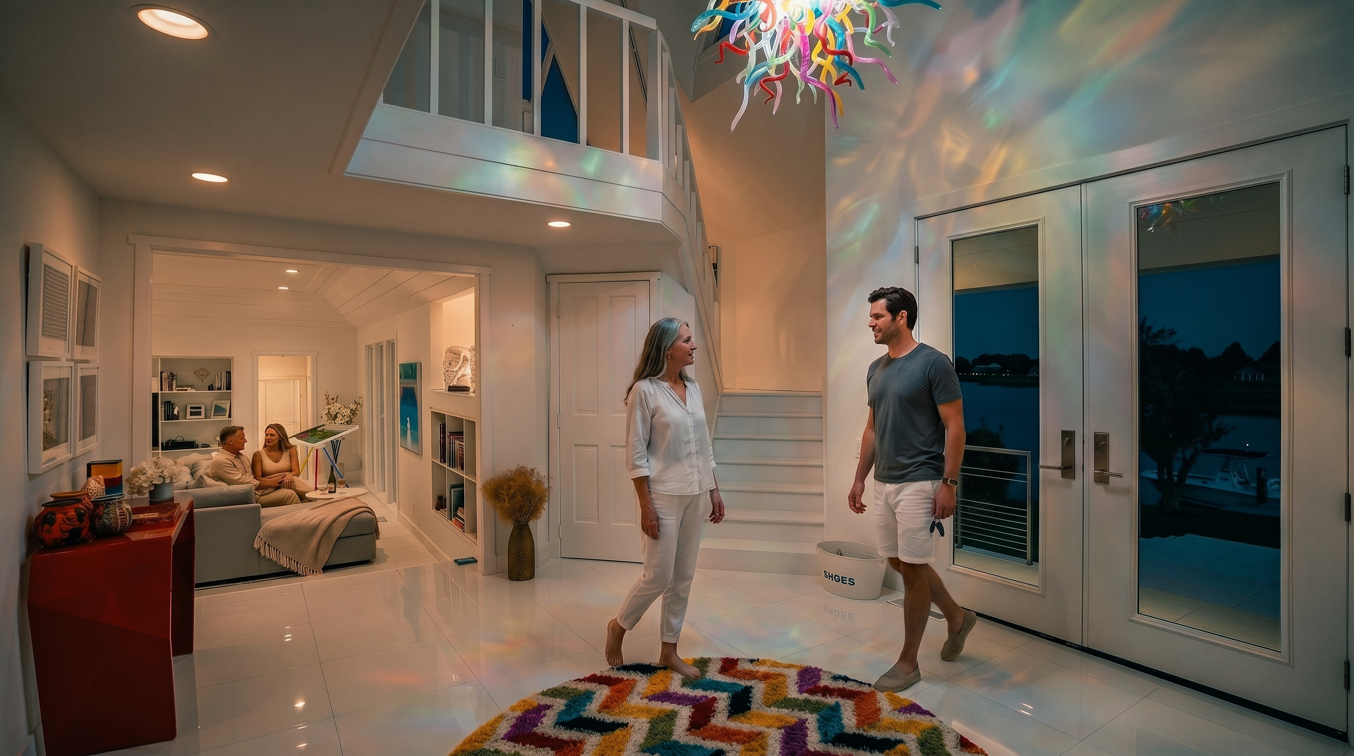 This bright and airy entryway features high ceilings, a striking multi-colored glass chandelier, and a vibrant, patterned circular rug on polished white tile floors. A staircase with white railings leads to an upper level, while a red console table and built-in shelving provide functional storage and display space. Large glass double doors offer a clear view of the waterfront landscape outside, creating a seamless connection between the interior and the natural surroundings.