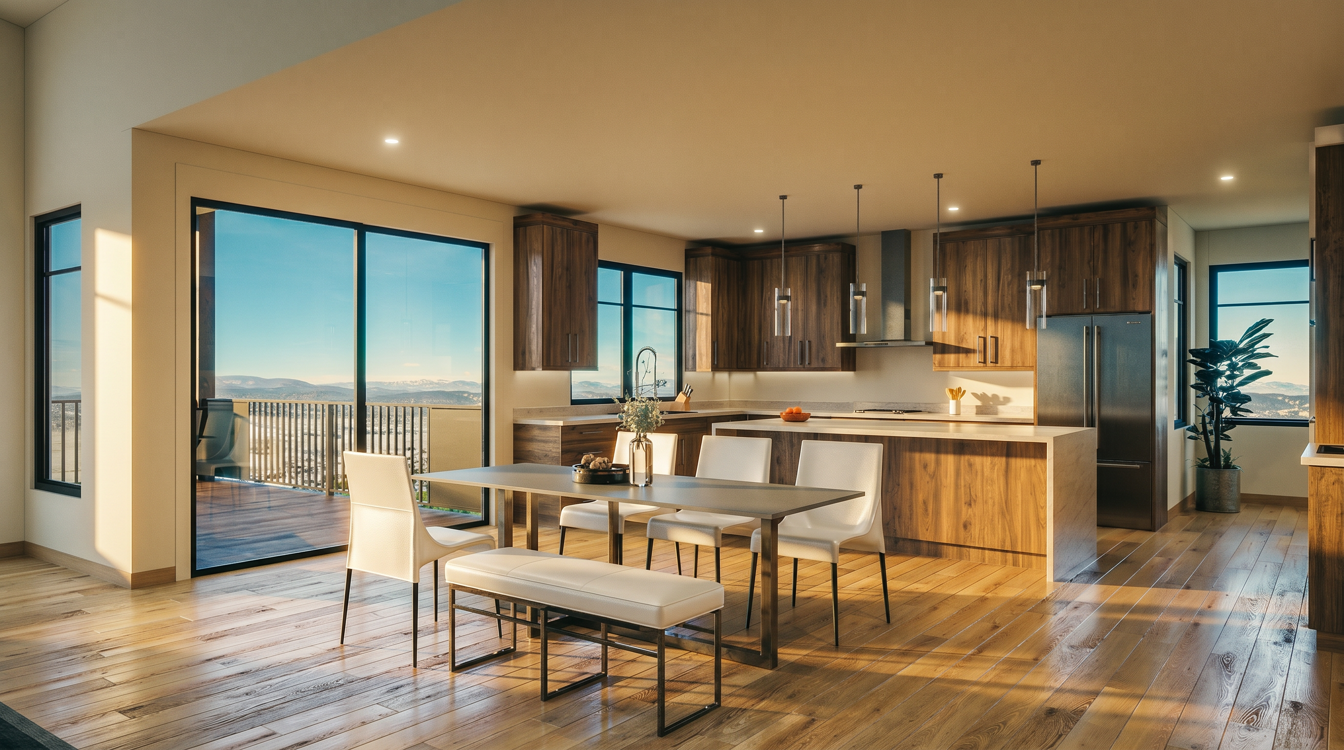 This open-concept kitchen and dining area features warm wood cabinetry, a large central island with a stone countertop, and a sleek dining table set for four. Large glass sliding doors provide a seamless transition to an outdoor deck, offering expansive mountain views that flood the space with natural light. The interior design is modern and minimalist, characterized by clean lines, pendant lighting, and light-toned wood flooring.