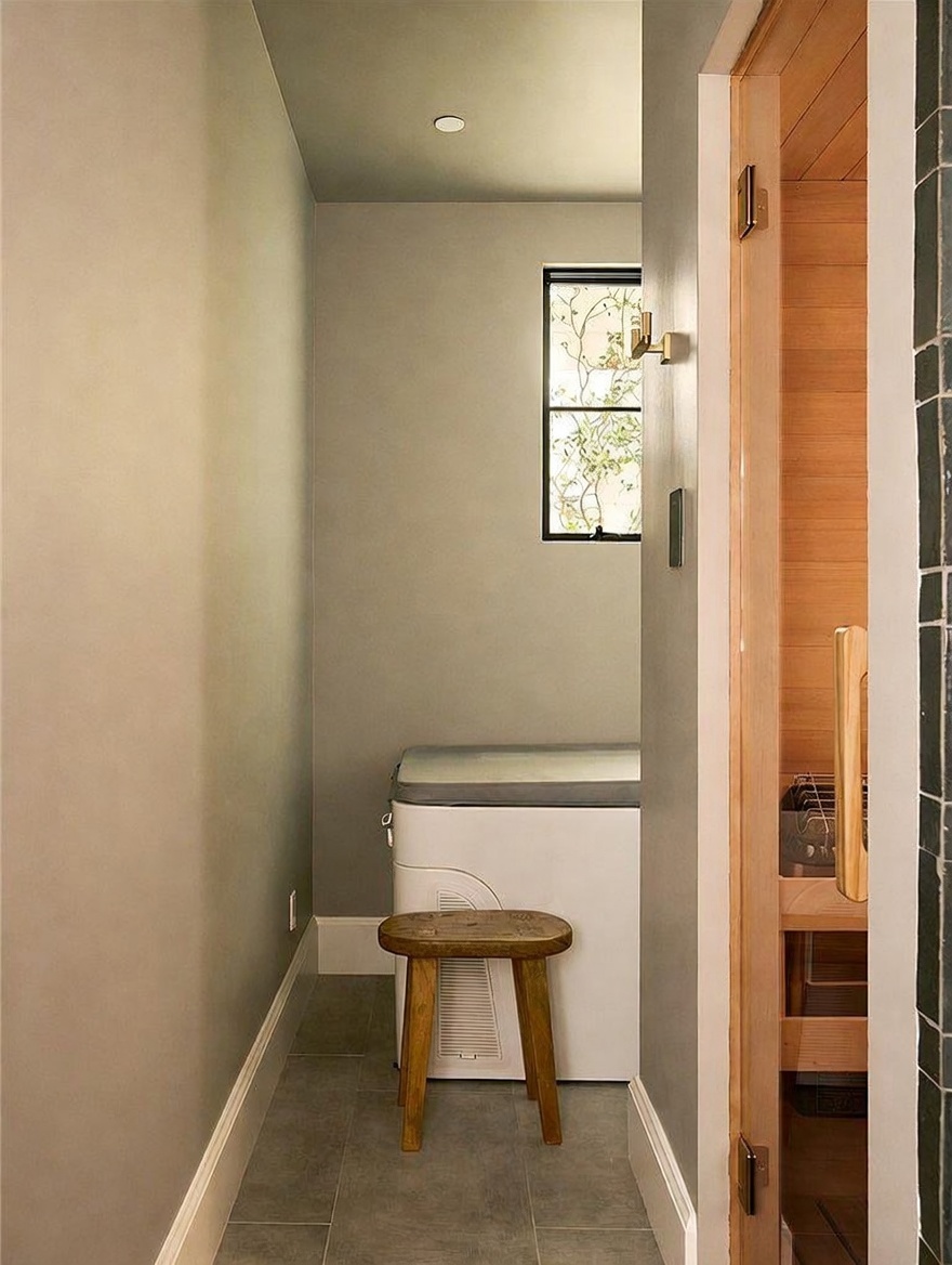 This image shows a narrow transition space leading into a sauna, featuring a small wooden stool in the foreground and a white chest freezer against the back wall. To the right, a glass-paneled door opens into a wood-lined sauna interior, while a small window above the freezer provides natural light. The space is finished with neutral-toned walls and grey tile flooring, creating a functional utility area.