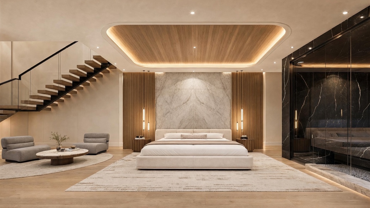 This luxurious primary bedroom features a central bed positioned against a large stone accent wall flanked by vertical wood paneling and integrated lighting. To the left, a floating staircase with a glass railing leads to an upper level, while a seating area with two armchairs and a circular coffee table occupies the foreground. The room is finished with light wood flooring and a recessed ceiling design, creating a sophisticated and modern atmosphere.