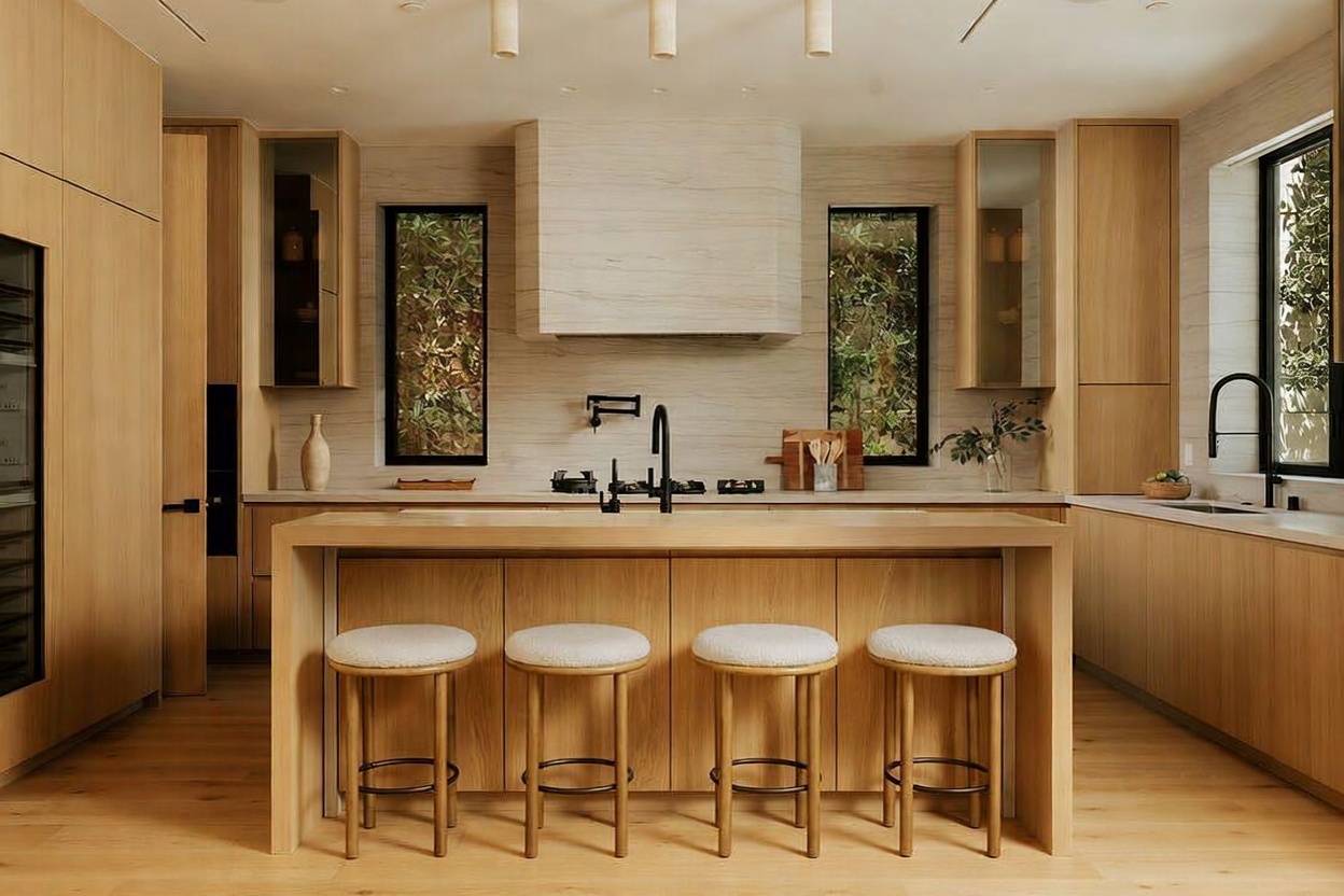 This modern kitchen features light wood cabinetry, a large central island with four stools, and a stone-clad range hood. The space is symmetrically designed with tall windows flanking the cooking area, providing a view of the greenery outside. The overall aesthetic is minimalist and warm, characterized by clean lines and a neutral color palette.