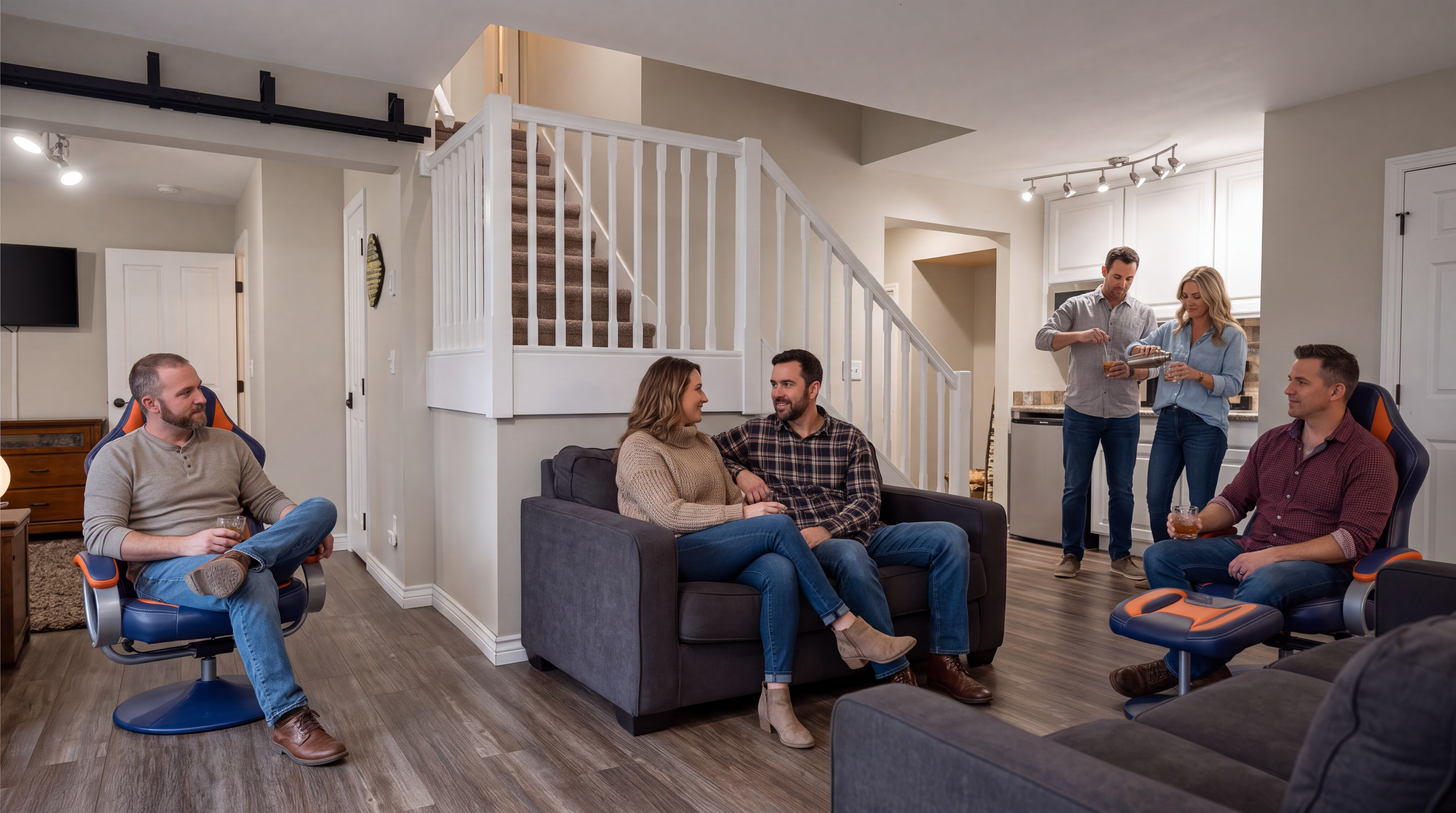 This living room area features an open floor plan that flows seamlessly into the kitchen, creating an inviting space for socialization. The room is characterized by contemporary wood-look flooring, neutral wall tones, and a central staircase with white railings, adding architectural interest. The space is comfortably furnished with modern seating options, making it ideal for entertaining in a casual home setting.