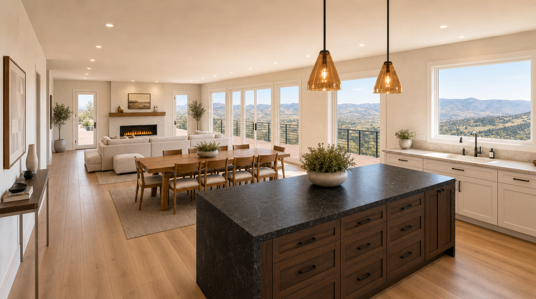This open-concept floor plan seamlessly transitions from a modern, dark-stone kitchen island to a spacious dining area and living room featuring a fireplace. The interior exhibits a sophisticated, contemporary aesthetic with light wood flooring, neutral wall tones, and generous natural light provided by multiple glass doors and windows. The expansive layout highlights impressive panoramic mountain views, creating a high-end, airy living environment perfect for entertaining.
