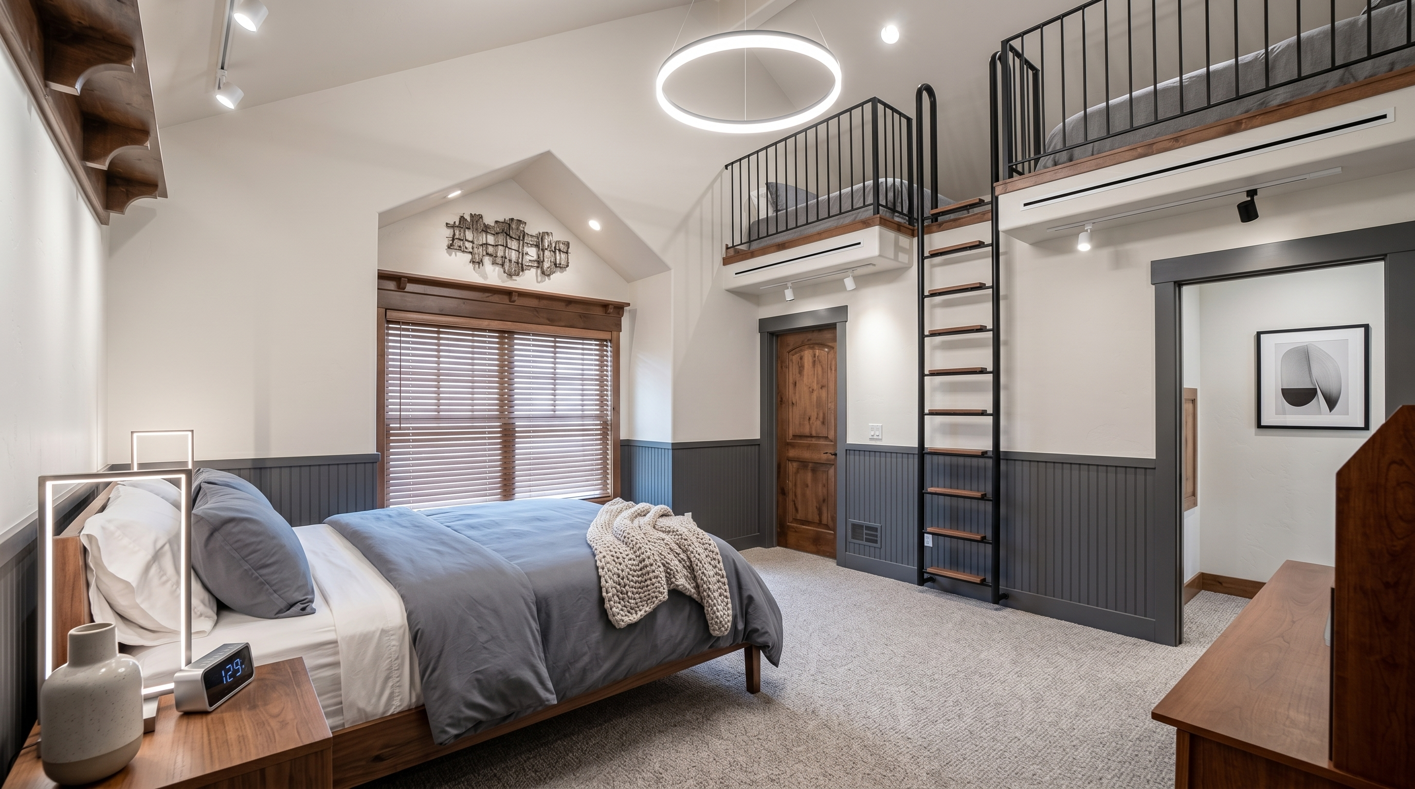 This unique bedroom features a lofted sleeping area accessible by a metal ladder, maximizing vertical space under a vaulted ceiling. The room is decorated with a rustic aesthetic, including wood-trimmed windows, a blue wainscoting accent, and a prominent antler mount on the wall. A large central pendant light illuminates the space, which includes a bed, a desk, and a wooden door leading to another part of the home.