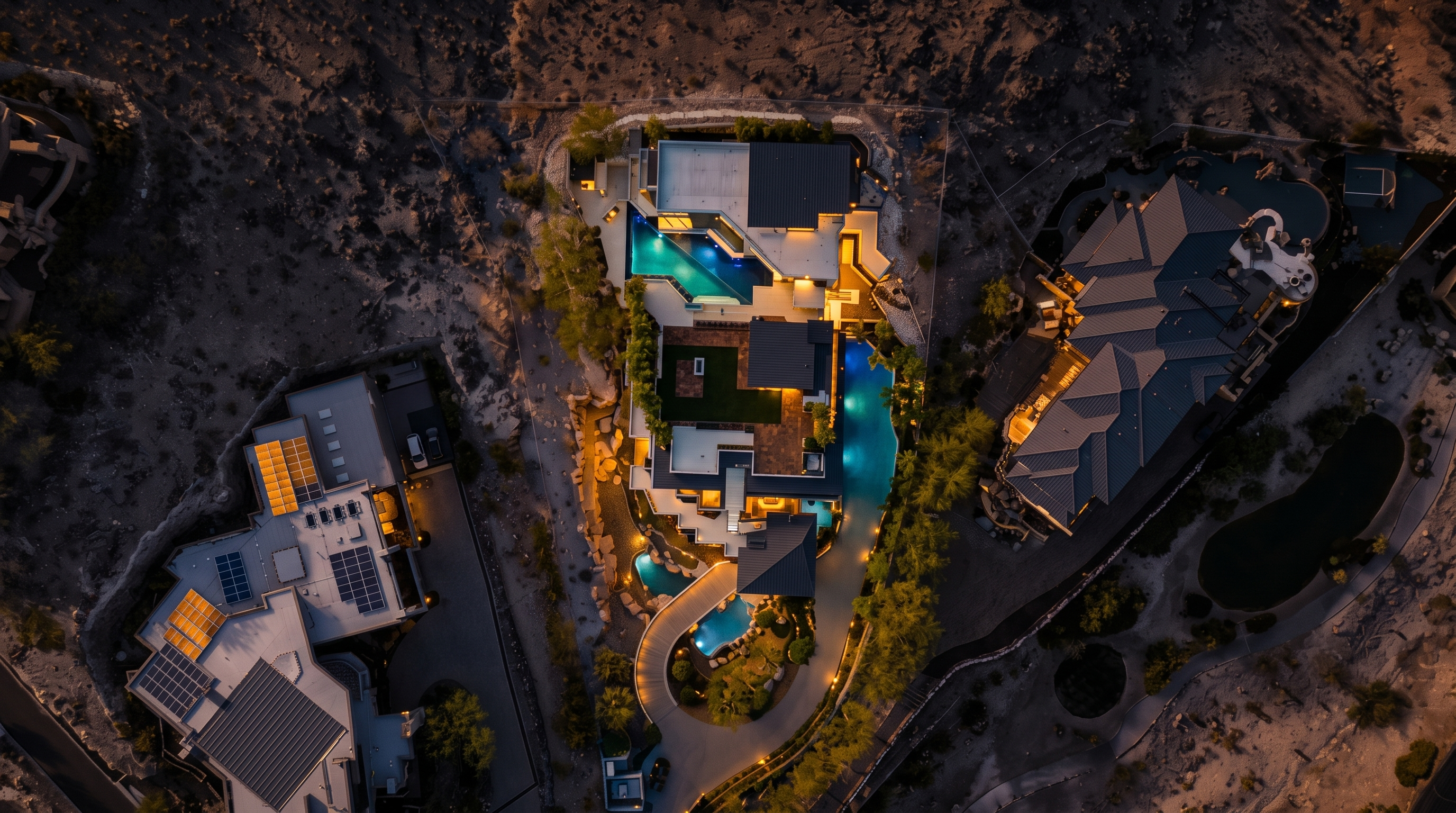 This high-altitude aerial perspective captures a luxurious modern estate nestled within a rugged, desert-like landscape. The property features a multi-level architectural design with a prominent swimming pool, a central courtyard with green space, and a curved driveway leading to the entrance. The surrounding terrain is rocky and arid, highlighting the home's secluded and elevated position among neighboring high-end residences.