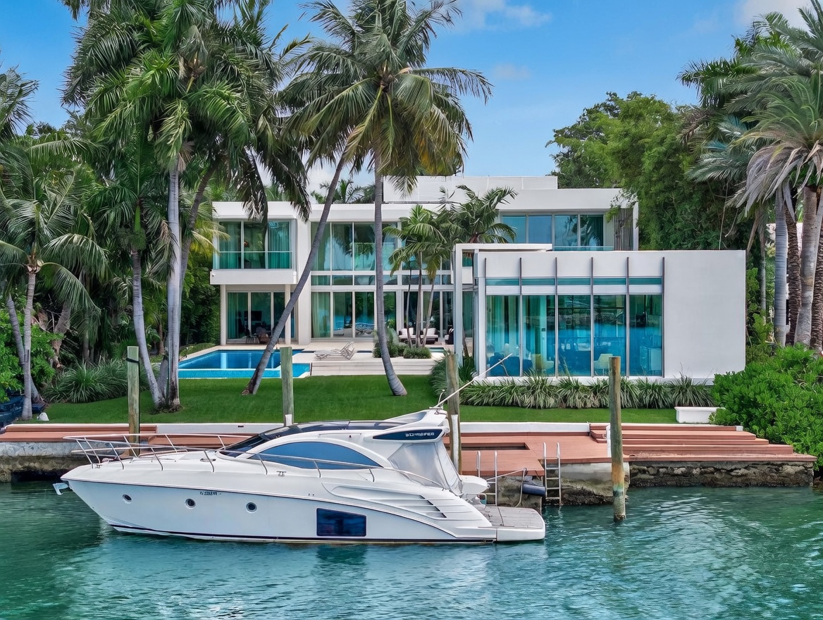 This modern waterfront estate features a striking white architectural design with extensive glass walls that offer seamless indoor-outdoor connectivity. The property includes a private dock with a docked yacht, a pristine swimming pool, and a manicured lawn framed by lush tropical palm trees. The perspective is captured from the water, highlighting the home's luxurious coastal lifestyle and contemporary aesthetic.