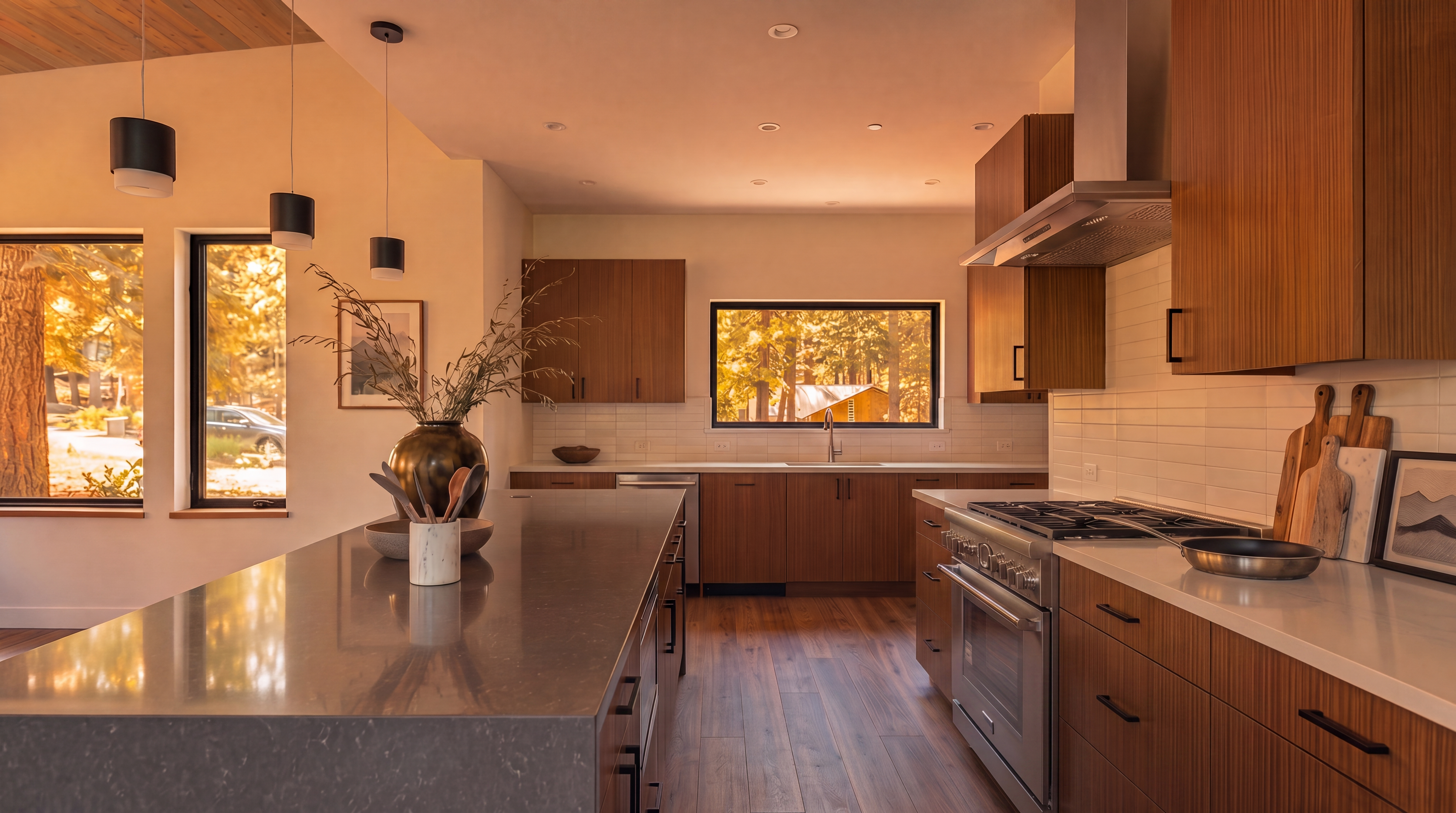 This modern kitchen features warm-toned wood cabinetry paired with sleek white countertops and a stainless steel range. A large central island provides additional workspace and includes a built-in microwave, while three pendant lights hang above to illuminate the area. The space is bright and open, with large windows looking out onto a wooded exterior, creating a clean and contemporary aesthetic.