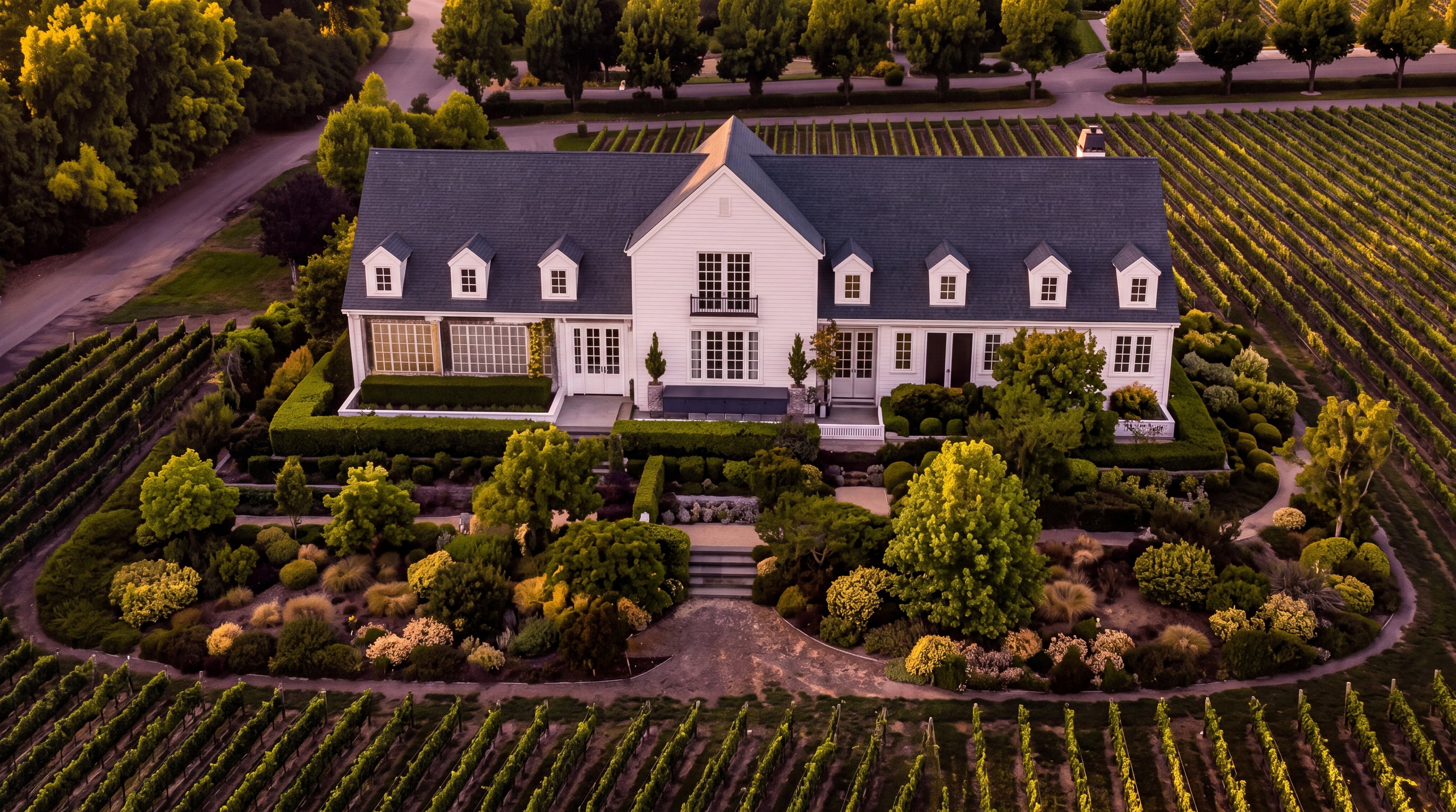 This stunning aerial view captures a sprawling estate set within extensive, meticulously manicured vineyards. The centerpiece is a grand, traditional-style white residence with a slate-colored roof, surrounded by lush landscaping and a network of tree-lined driveways. The warm, golden sunset lighting highlights the vast scale and peaceful, high-end atmosphere of this property.