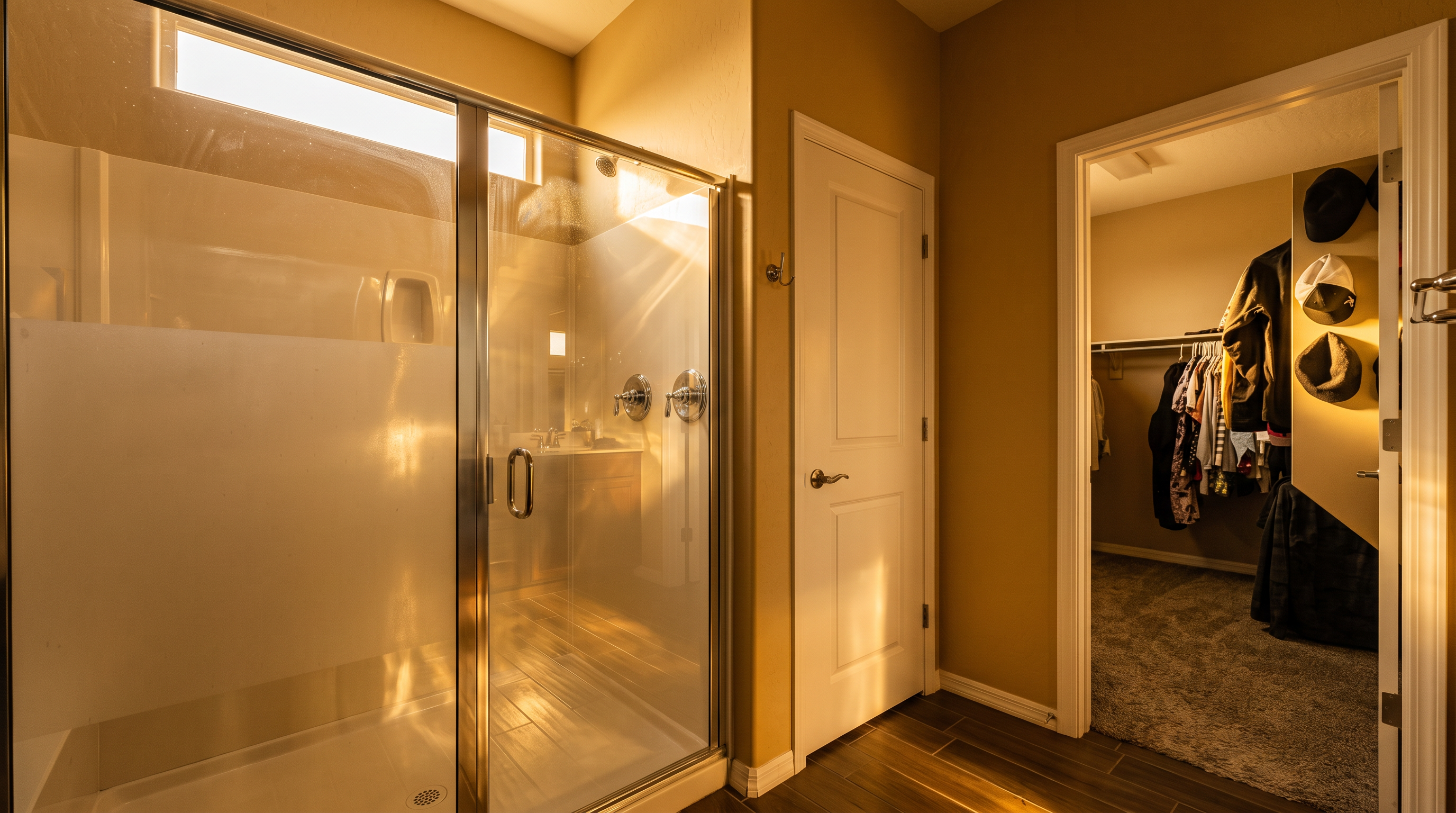 This bathroom features a glass-enclosed shower with a white surround and a neutral-toned tile floor. A white door leads to an adjacent room, while an open doorway on the right reveals a walk-in closet with hanging clothes and hats on the wall. The space is finished with warm-toned walls, creating a functional and clean aesthetic.