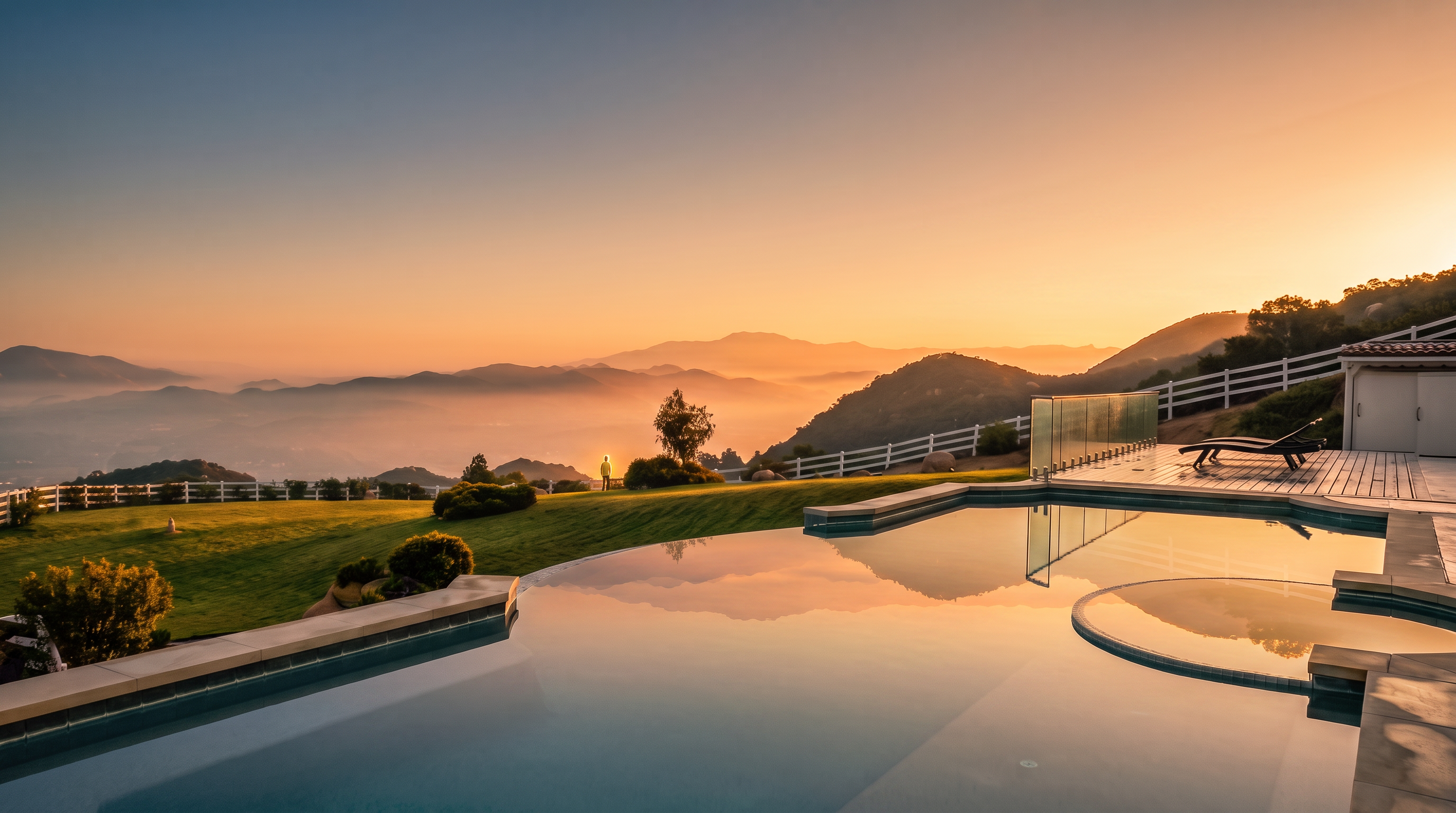 This stunning infinity-edge pool overlooks a breathtaking mountainous landscape during a serene sunset. The property features a manicured green lawn, a wooden deck with lounge chairs, and a white fence, creating a luxurious and private outdoor living space. The seamless integration of the water with the horizon creates a high-end, resort-like atmosphere ideal for relaxation and entertaining.