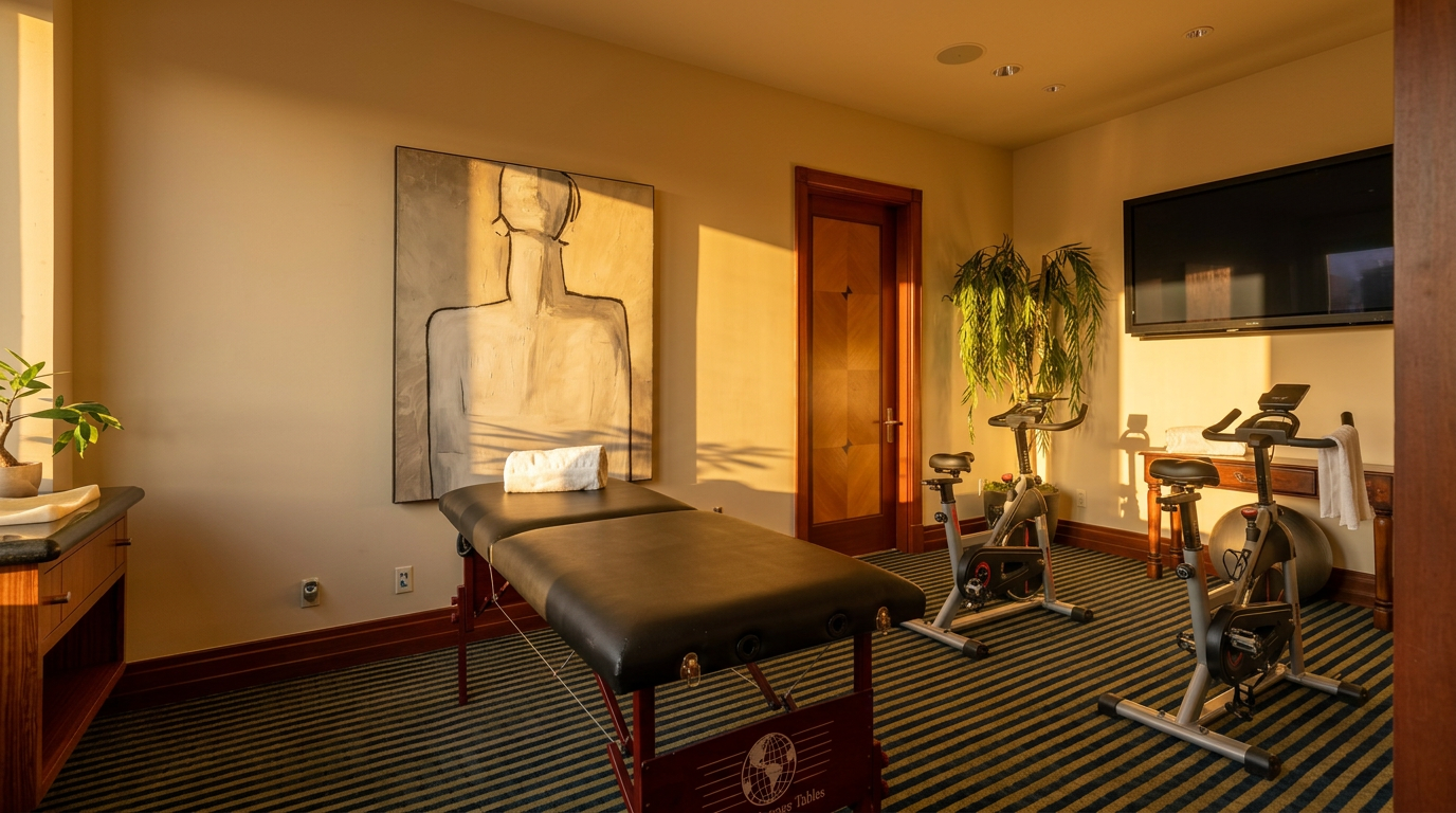 This versatile home gym features a professional massage table as the central focus, complemented by two stationary exercise bikes positioned near a wall-mounted television. The room is decorated with a large abstract art piece and a potted plant, set against a backdrop of neutral walls and a bold, striped carpet. The space is well-lit with recessed ceiling lights, creating a functional and private wellness area.