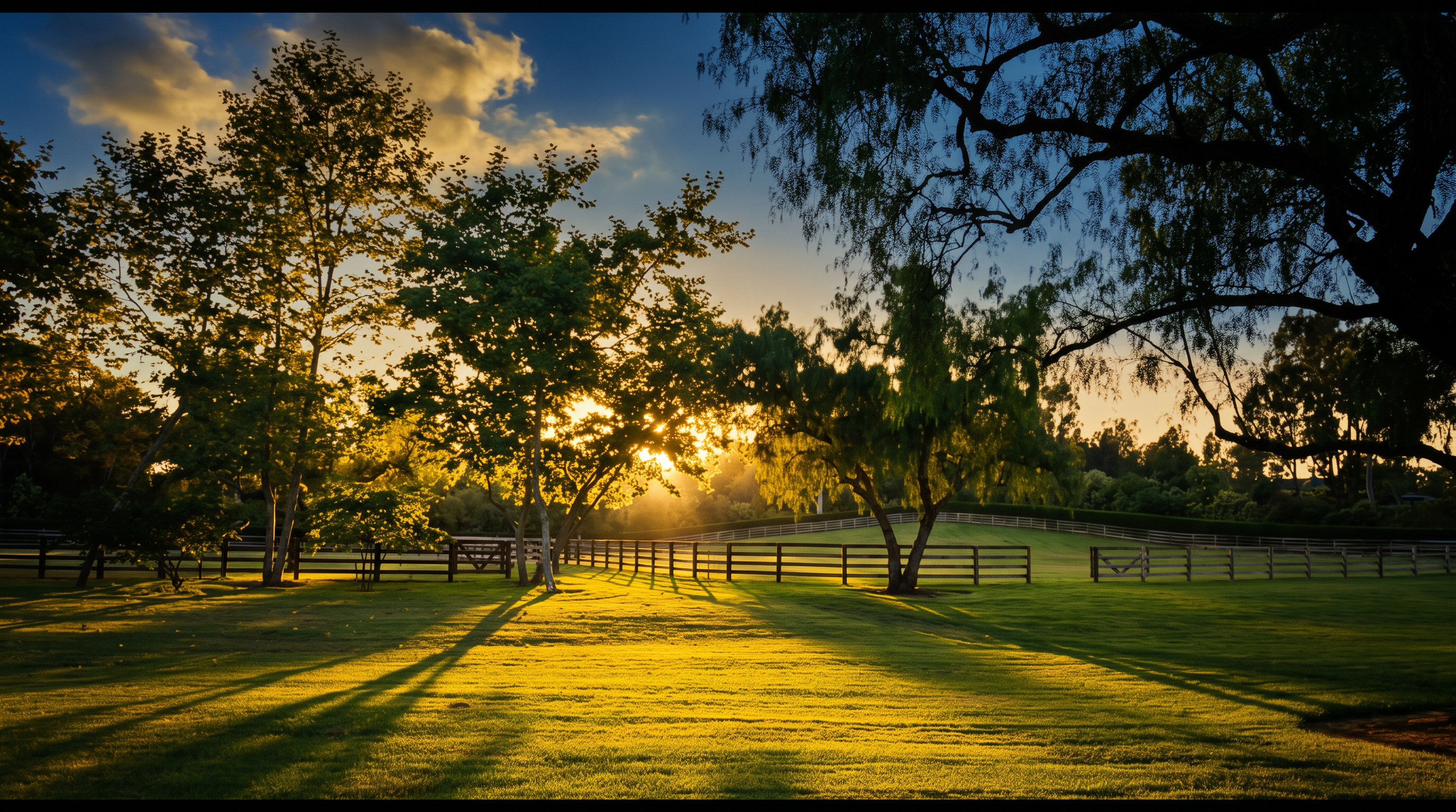This expansive, sun-drenched backyard features a sprawling, well-manicured lawn framed by mature trees and a classic post-and-rail wooden fence. The golden hour light creates long, dramatic shadows across the grass, highlighting the peaceful and private atmosphere of the property. The perspective is a wide, eye-level shot that emphasizes the generous scale and serene, park-like setting of the outdoor space.
