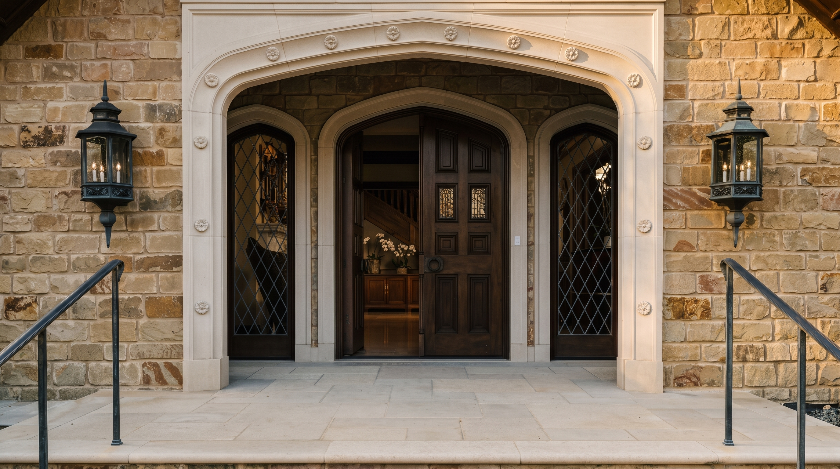 This elegant entryway features a grand, arched stone doorway with decorative floral carvings along the surround. A heavy, dark wood double door stands slightly ajar, flanked by tall, arched windows with a diamond-patterned grid. Two ornate, traditional-style lanterns are mounted on the stone facade, framing the entrance and creating a sophisticated, welcoming aesthetic.