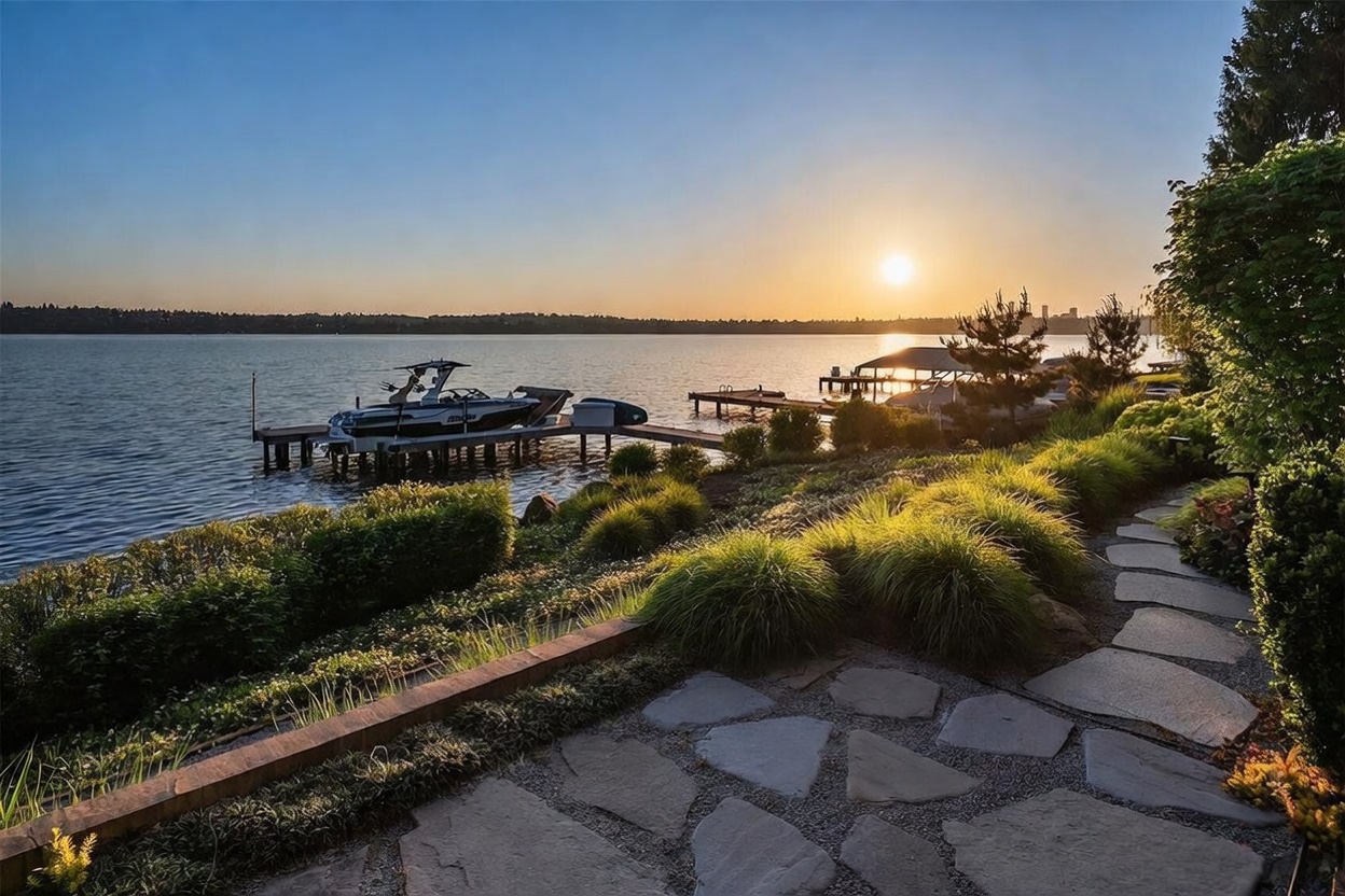 This serene waterfront scene captures a sunset view from a landscaped garden path featuring irregular stone pavers. The foreground showcases lush ornamental grasses and manicured shrubs, leading the eye toward a private dock with a boat moored on the calm lake. The composition emphasizes a tranquil, high-end outdoor living space with a clear view of the distant horizon.