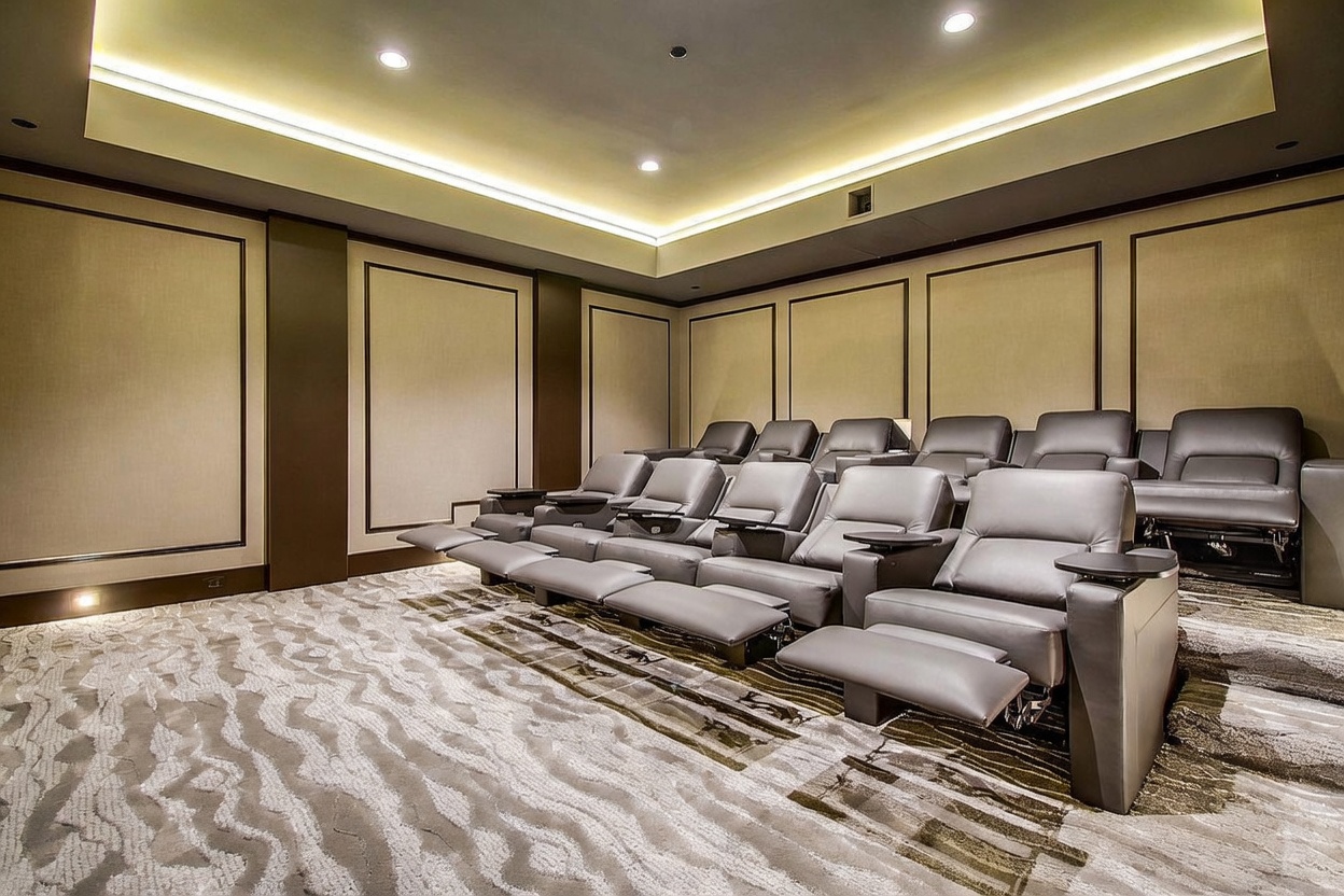 This dedicated home theater room features tiered seating with multiple rows of plush, grey leather recliners. The space is designed with sophisticated wall paneling and recessed cove lighting that casts a soft, ambient glow across the ceiling. The room is carpeted with a patterned design and offers a professional, cinematic atmosphere suitable for private screenings.