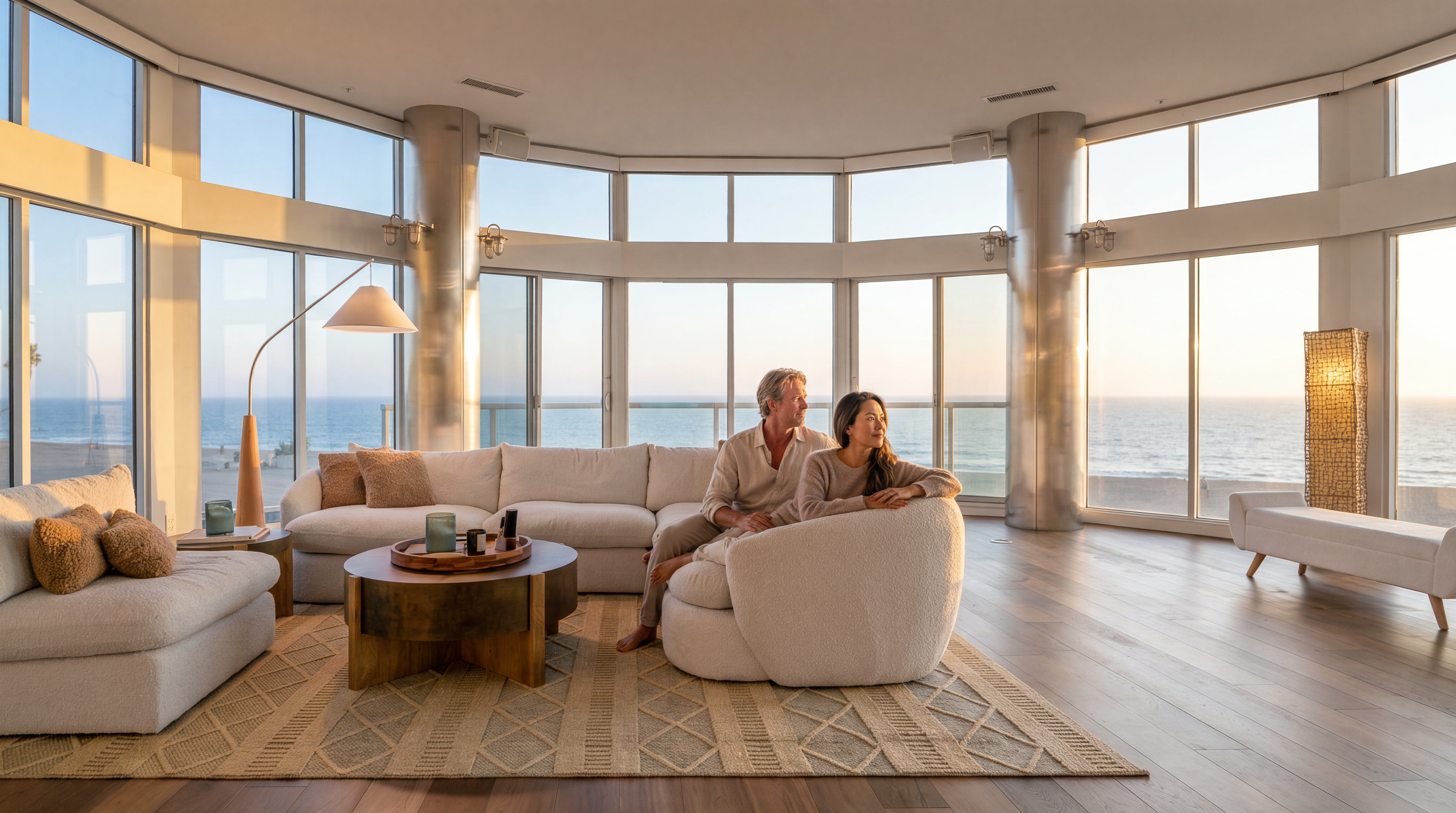 This stunning contemporary living room offers panoramic, floor-to-ceiling ocean views, flooding the space with warm, natural golden-hour light. The open-concept area features elegant, plush white furniture set upon a textured area rug, anchored by a sleek central coffee table. The high-end design is defined by soft, organic textures and minimalist architectural elements, creating a serene and luxurious coastal retreat.