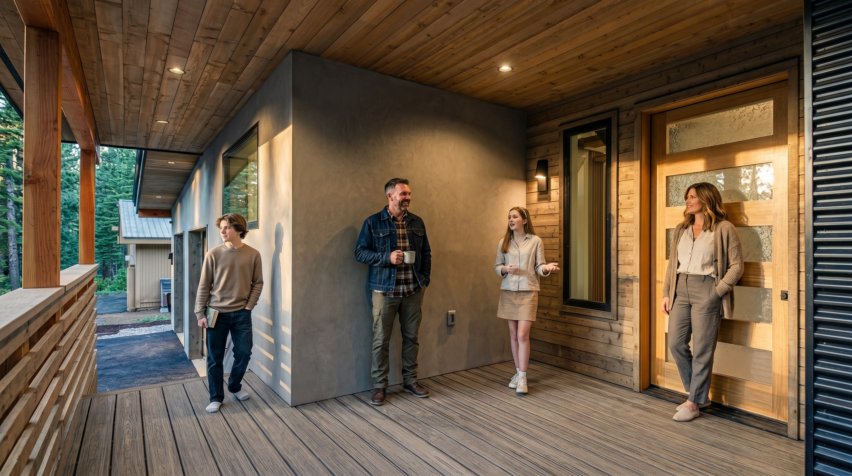 This modern entryway features a covered deck with horizontal wood planking on both the ceiling and the adjacent wall. A contemporary front door with horizontal frosted glass panels is flanked by a tall, narrow window and a smooth, gray concrete wall. The perspective captures the inviting transition from the outdoor deck into the home, highlighting the clean lines and natural textures of the architectural design.