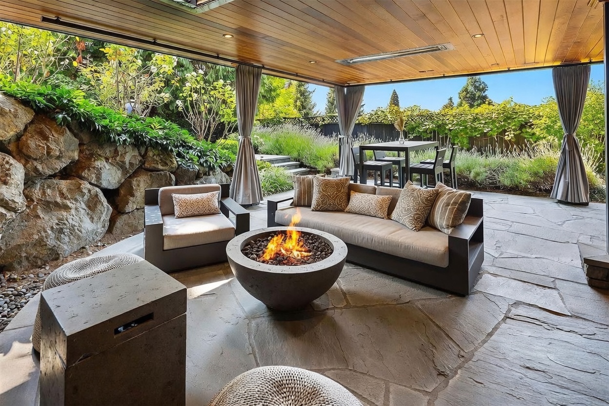 This covered outdoor patio features a sophisticated lounge area with a modern, circular fire pit as the centerpiece. The space is furnished with a comfortable sofa and armchair, set against a natural stone retaining wall and a wood-paneled ceiling with integrated lighting. Beyond the patio, a dining set sits on a stone-paved terrace, overlooking a lush, landscaped garden with lavender and greenery.