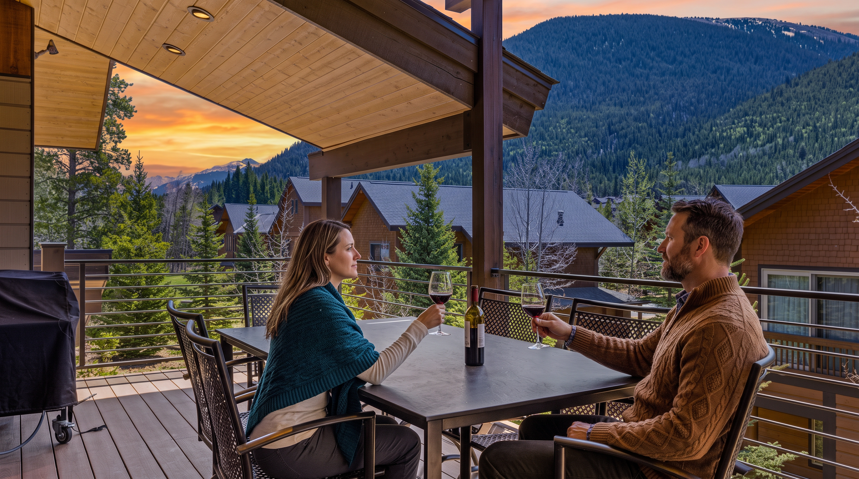 This spacious outdoor deck features a modern dining set with a dark metal table and matching chairs, perfect for al fresco dining. The deck is covered by a wooden ceiling with recessed lighting and offers expansive, scenic views of the surrounding mountain landscape and neighboring homes. The clean, contemporary design and open-air atmosphere create an inviting space for relaxation and entertaining.