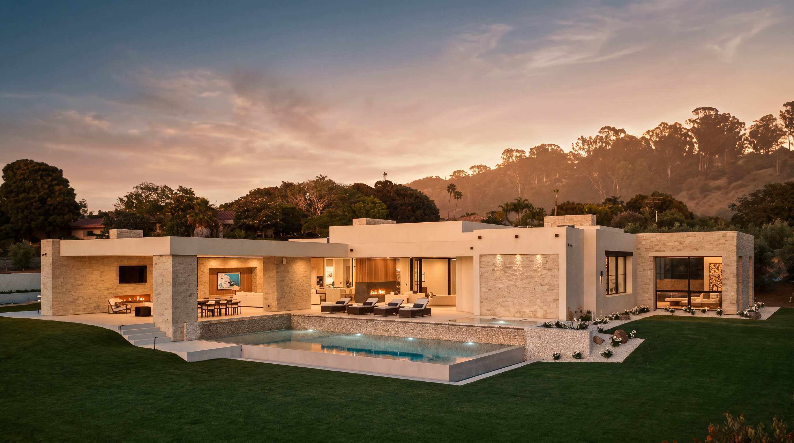 This stunning contemporary estate features a sprawling rear facade with a seamless transition between indoor and outdoor living spaces. The design highlights a large infinity-edge pool, a covered patio with an integrated outdoor fireplace, and expansive glass walls that open to the interior. The architecture is defined by clean lines, light-toned stone cladding, and a manicured lawn, creating a sophisticated and luxurious atmosphere at dusk.