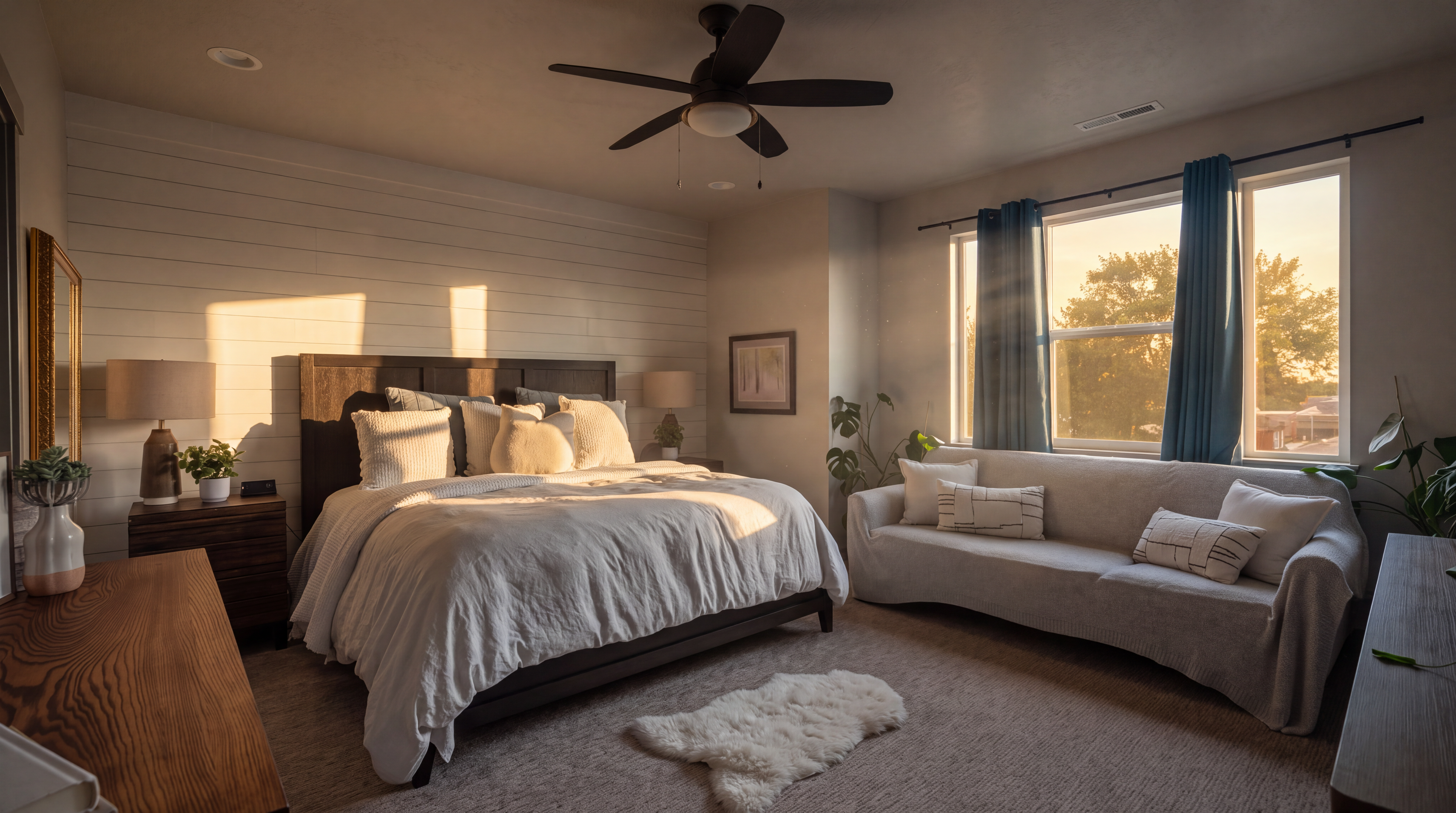 This spacious primary bedroom features a large bed centered against a white shiplap accent wall, flanked by matching nightstands and lamps. To the right, a comfortable sofa sits beneath large windows dressed in blue curtains, creating a cozy seating area. The room is finished with neutral carpeting, a soft area rug, and a ceiling fan, offering a bright and inviting atmosphere.