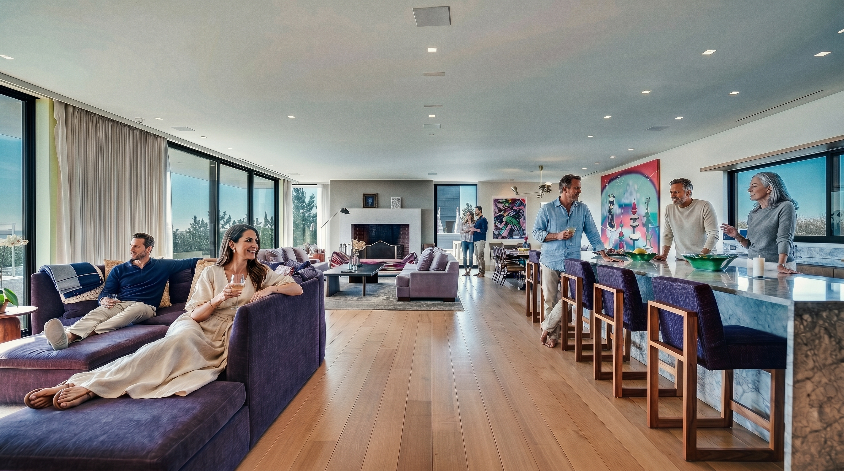 This expansive, open-concept living space features light wood flooring and a seamless transition between a comfortable lounge area and a kitchen island with bar seating. A large purple sectional sofa anchors the living area, which faces a stone-clad fireplace surround, while floor-to-ceiling windows along the left wall provide abundant natural light and views of the outdoors. The room is decorated with vibrant, colorful artwork and a modern aesthetic, creating a bright and airy atmosphere suitable for entertaining.