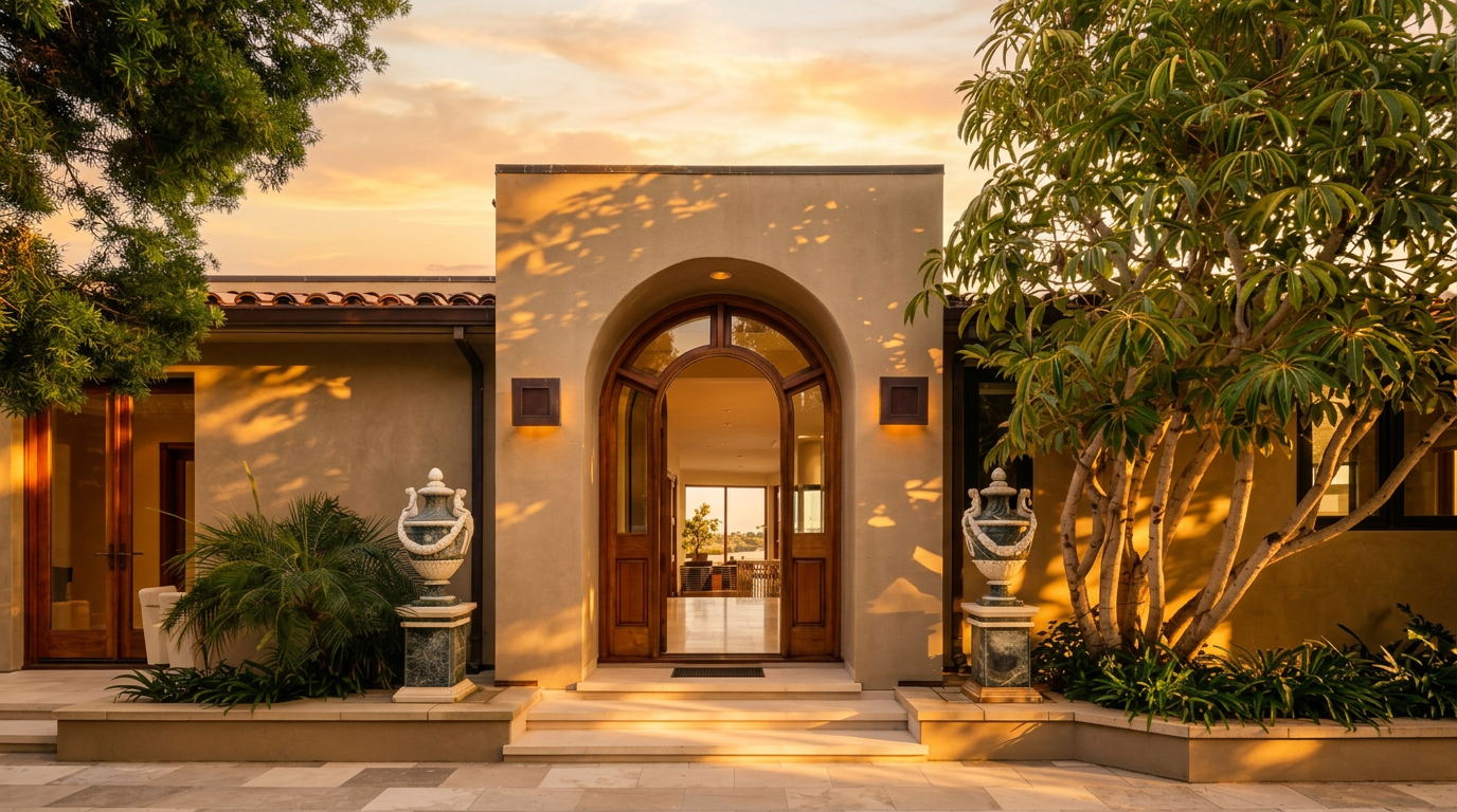 This elegant entryway features a grand arched wooden door framed by a stucco facade and warm, symmetrical wall-mounted lighting. Two decorative stone urns on pedestals flank the entrance, which is accessed by a set of wide, shallow steps leading from a stone-paved courtyard. The scene is framed by lush greenery and a soft, twilight sky, creating a sophisticated and welcoming first impression.