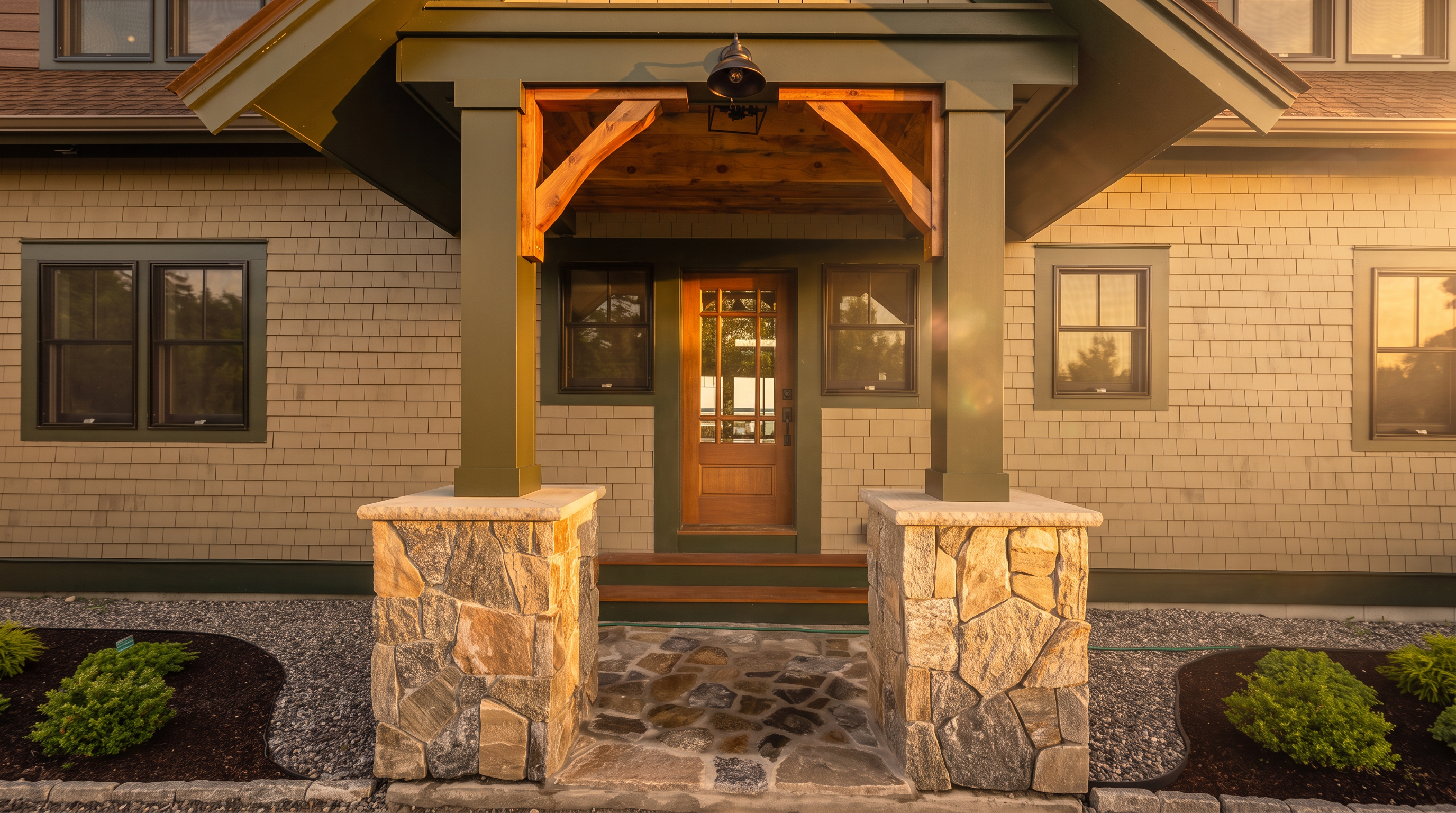 This inviting home entry features a charming covered porch with rustic stone pillars and warm wood ceiling accents. The cedar shingle siding and dark green trim provide a sophisticated, craftsman-style aesthetic, complemented by a solid wood front door. The neatly landscaped flower beds and stone-paved walkway enhance the home's welcoming curb appeal.