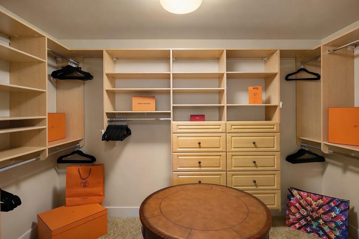 This spacious walk-in closet features extensive light wood shelving and hanging rods, providing ample storage and organization. A central circular table with a leather-like top serves as a focal point, while luxury brand shopping bags and boxes are displayed throughout the space. The room is illuminated by a central ceiling light, creating a bright and organized environment for wardrobe management.