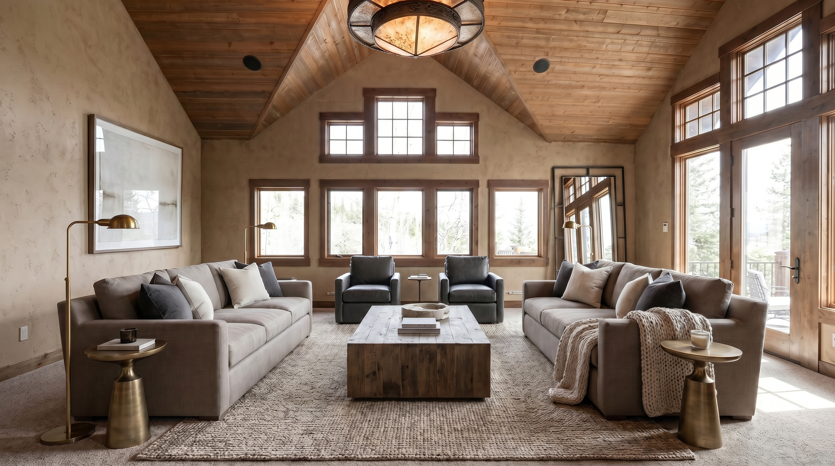 This spacious living room features a vaulted wood-paneled ceiling and a warm, rustic aesthetic with neutral-toned walls and carpeting. The room is furnished with a comfortable sofa, a white trunk-style coffee table, and several leather recliners, all arranged to take advantage of the natural light streaming through the large windows. A prominent circular chandelier hangs from the center of the ceiling, and the space offers a clear view of the surrounding forest through the glass doors and windows.