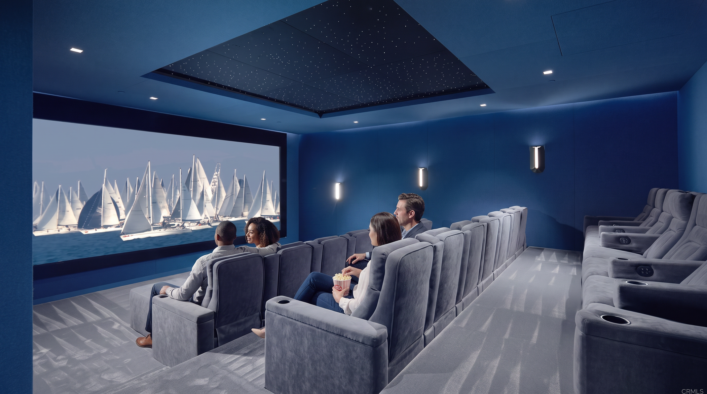 This is a dedicated home theater room designed with luxury in mind, featuring tiered seating with plush velvet chairs and built-in cup holders. The space is accented by blue wall paneling, a star-lit ceiling feature, and soft wall-mounted lighting, creating a cinema-like atmosphere. A large, high-definition screen displays a vibrant nautical scene, highlighting the room's immersive entertainment capabilities.