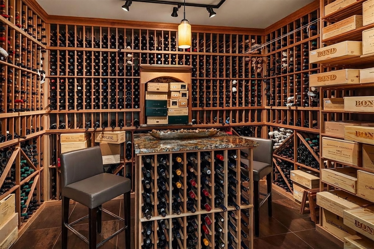This sophisticated wine cellar features extensive custom wood racking that spans the walls, providing ample storage for a large collection. A central island with a stone countertop and integrated bottle storage serves as a focal point, flanked by two leather-upholstered bar stools. The space is illuminated by track lighting and a single pendant light, creating an intimate and refined atmosphere for wine enthusiasts.