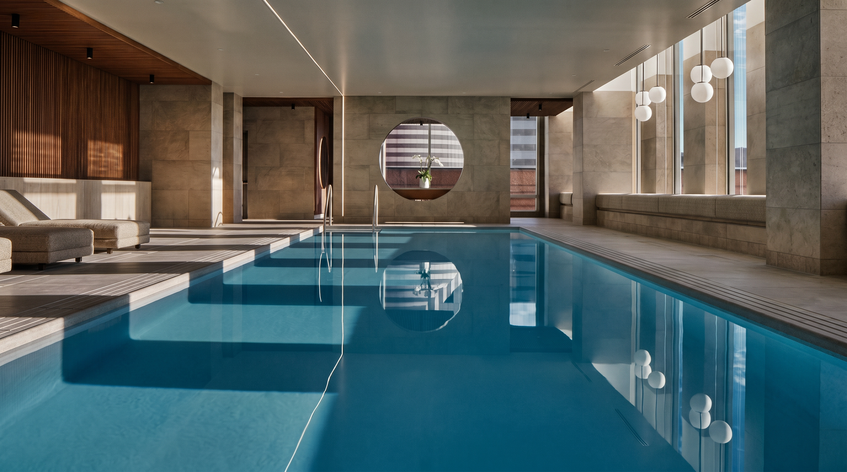 This sophisticated indoor swimming pool area features a serene, minimalist aesthetic with light-toned stone walls and a warm wood-paneled ceiling. A striking circular window serves as a focal point, framing a view of the exterior, while large windows along the right side provide ample natural light. The space is designed for relaxation, with lounge chairs positioned on the left and a long, built-in bench seating area along the right side of the pool.
