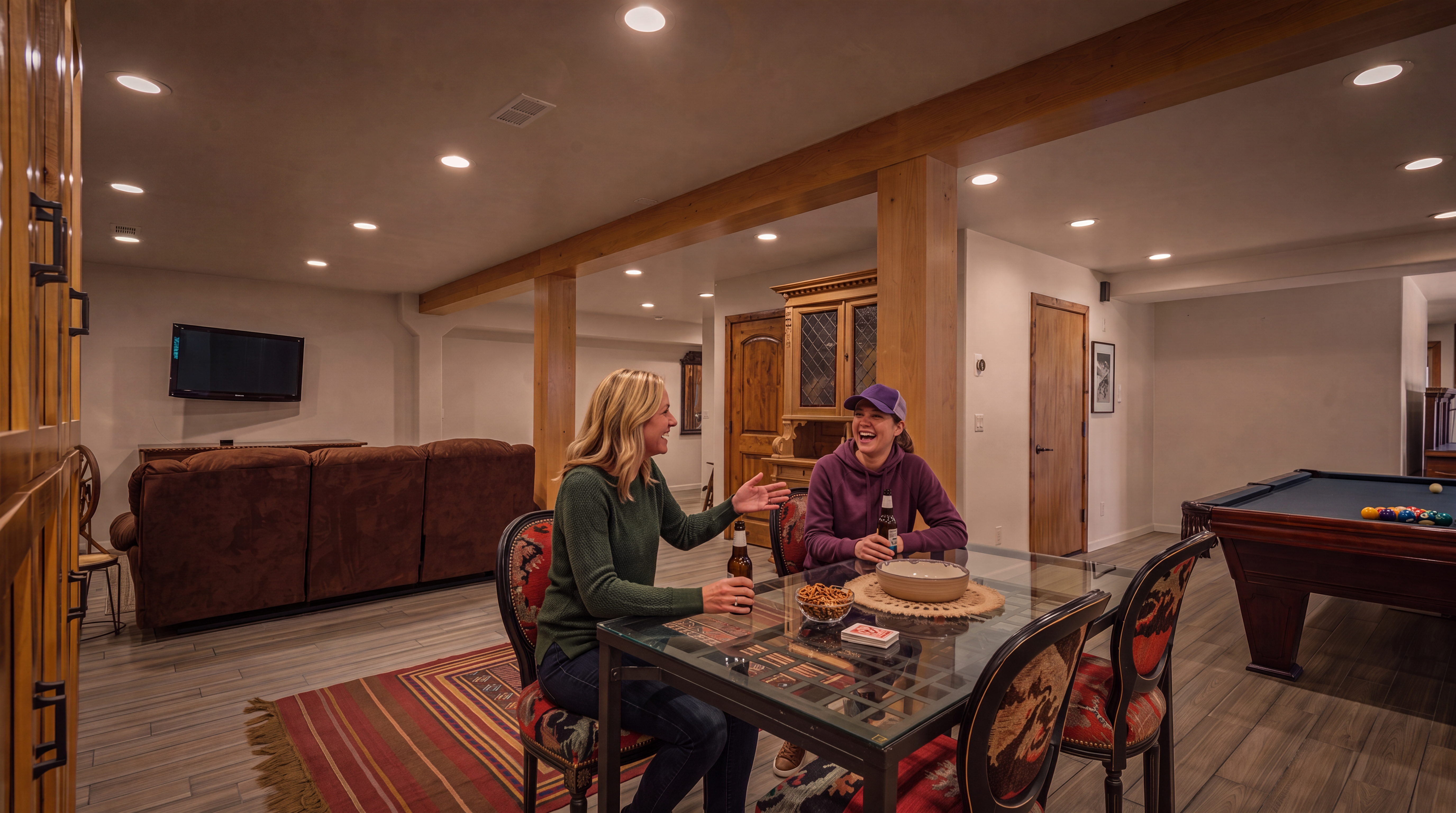 This spacious finished basement offers a versatile layout featuring a cozy living area with a brown power sofa, a dining space with a glass-top table, and a dedicated room for billiards. Wood-look tile flooring flows throughout the open-concept design, which is anchored by warm-toned wooden support beams and classic furniture styles. The neutral wall palette provides a welcoming atmosphere, making this a functional space for both relaxation and entertainment.