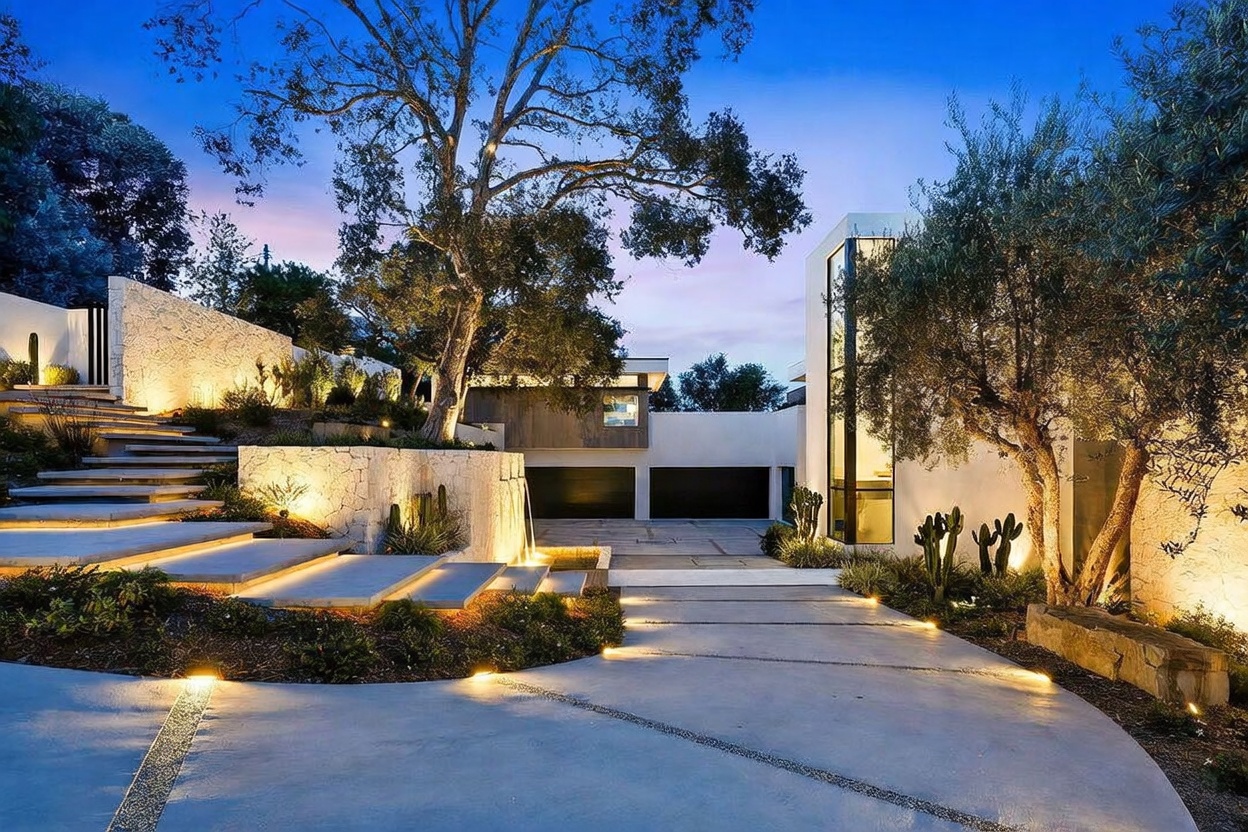 This modern architectural residence features a striking multi-level facade with clean lines and a sophisticated blend of stone and smooth white surfaces. A dramatic, illuminated staircase leads up to the entrance, complemented by a cascading water feature and lush landscaping with mature trees and cacti. The scene is captured at dusk, with warm accent lighting highlighting the driveway and structural elements, creating an inviting and luxurious atmosphere.