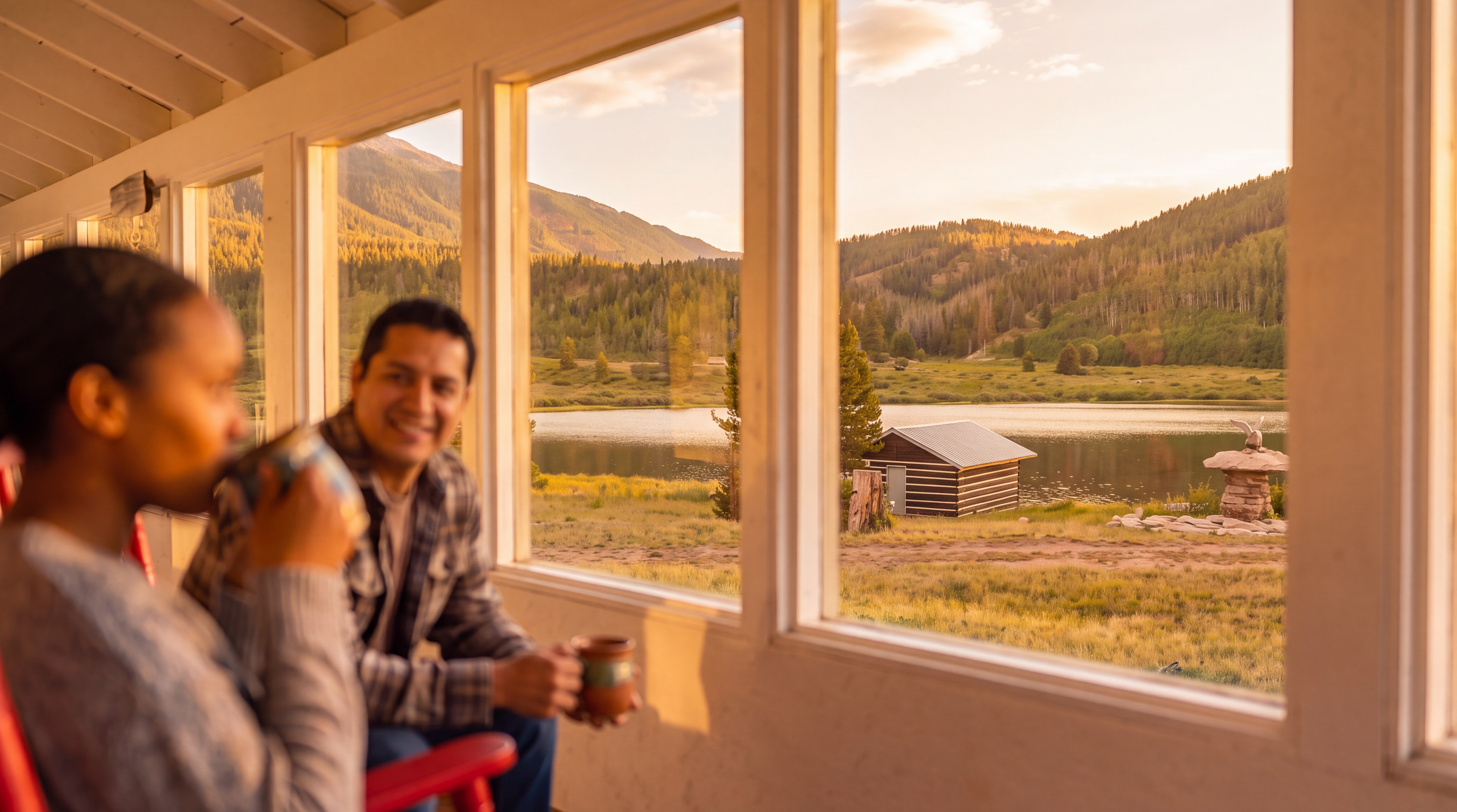 This sun-drenched sunroom features expansive floor-to-ceiling windows that offer panoramic, breathtaking views of a serene lake and mountain landscape. The warm, rustic atmosphere is perfect for relaxation, with comfortable seating and mugs in hand, capturing a peaceful, nature-focused living experience. The room seamlessly connects indoor comfort with the beauty of the surrounding wilderness.