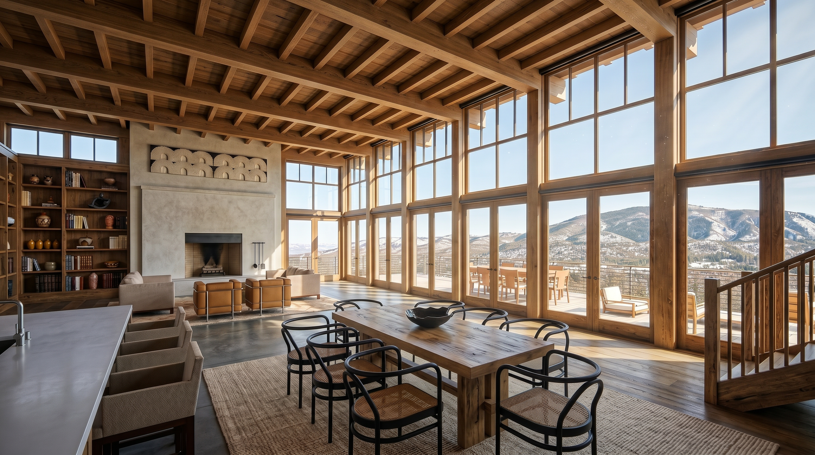 This expansive open-concept living and dining area features a vaulted wood-beamed ceiling and extensive glazing that frames panoramic mountain views. A central seating area is anchored by a tall, light-colored fireplace surround, while a large dining table occupies the foreground. The space is characterized by its warm wood tones, clean architectural lines, and seamless connection to the outdoor deck.
