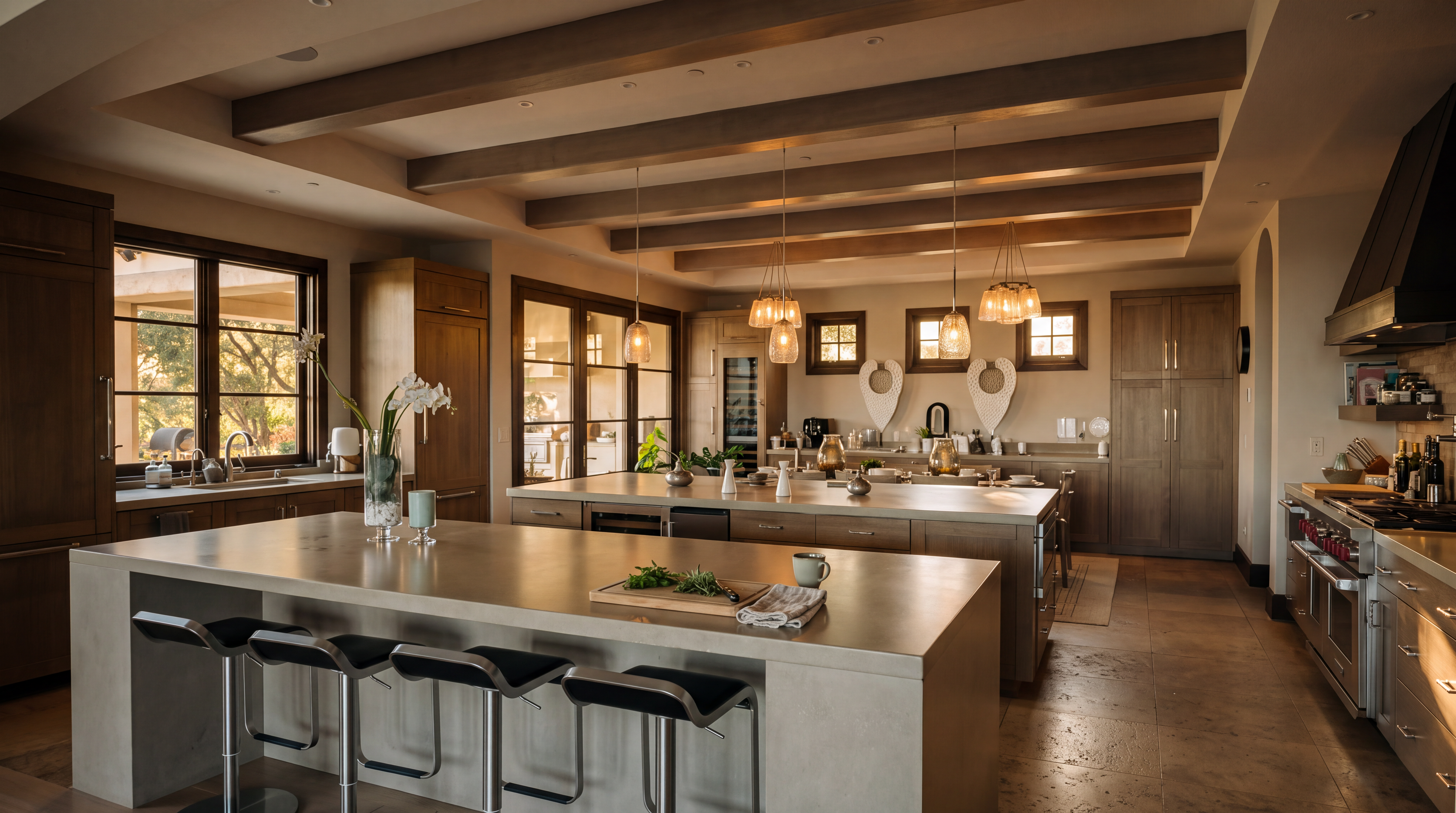 This expansive, high-end kitchen features dual islands with light-toned stone countertops and modern bar seating, creating a spacious layout ideal for entertaining. The room is defined by exposed wooden ceiling beams, warm-toned cabinetry, and a professional-grade stainless steel range with a large hood. The perspective captures the depth of the kitchen, highlighting the seamless transition between the prep areas and the adjacent dining space.